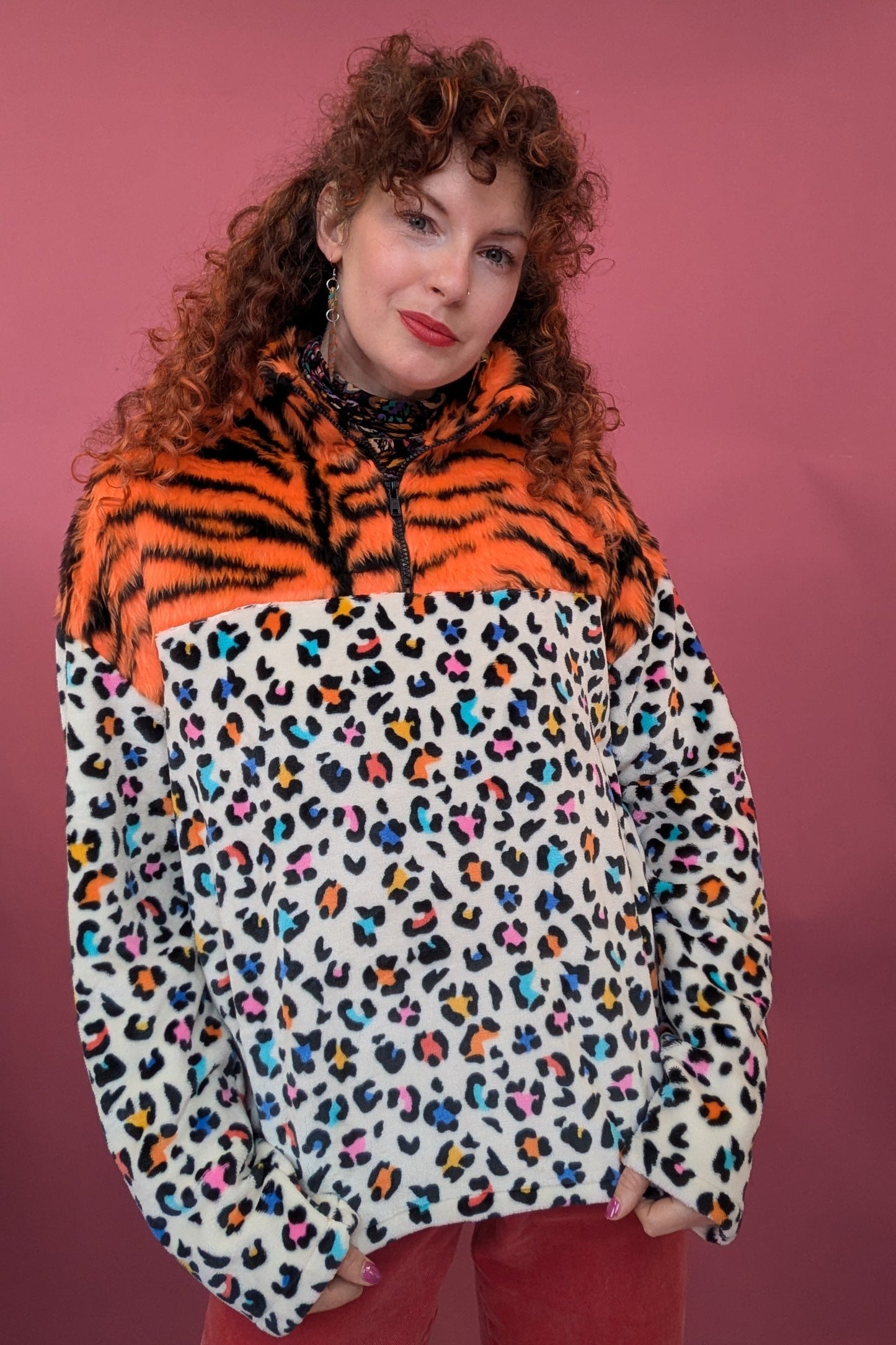 Half Zip Lite in Rainbow Leopard and Orange Tiger