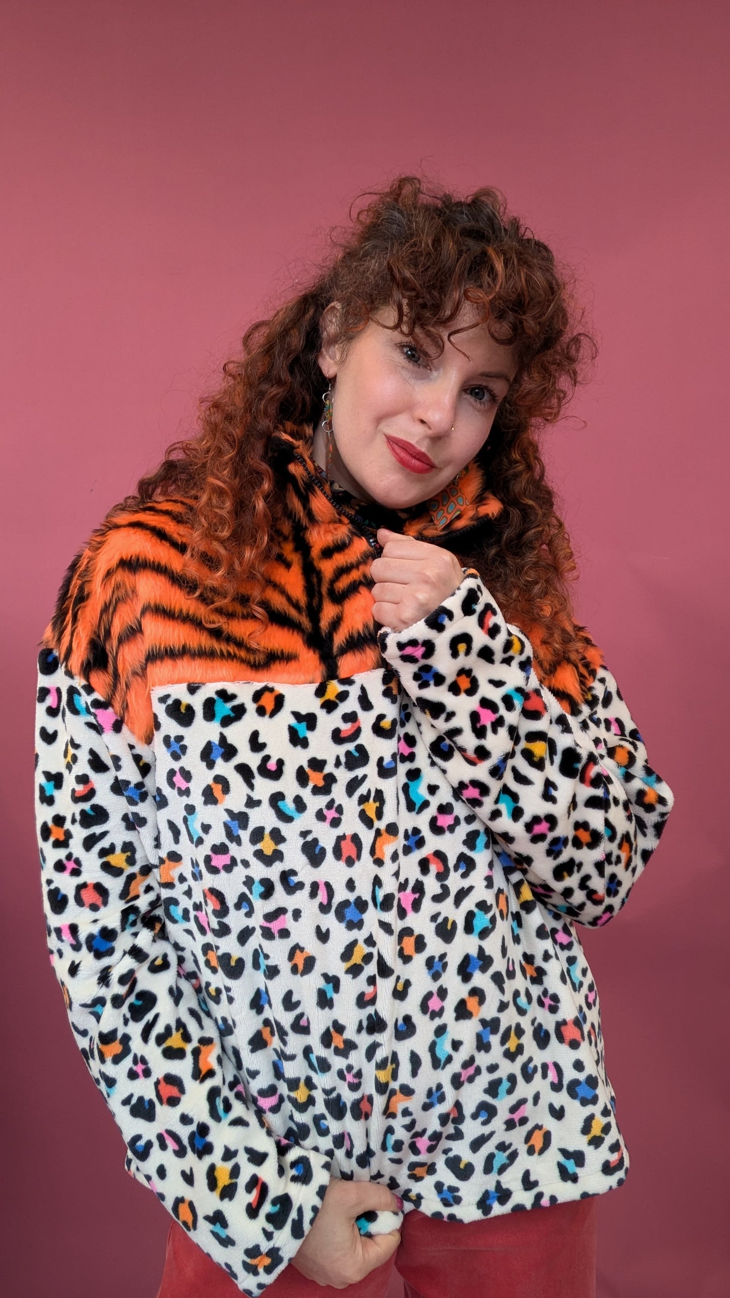 Half Zip Lite in Rainbow Leopard and Orange Tiger