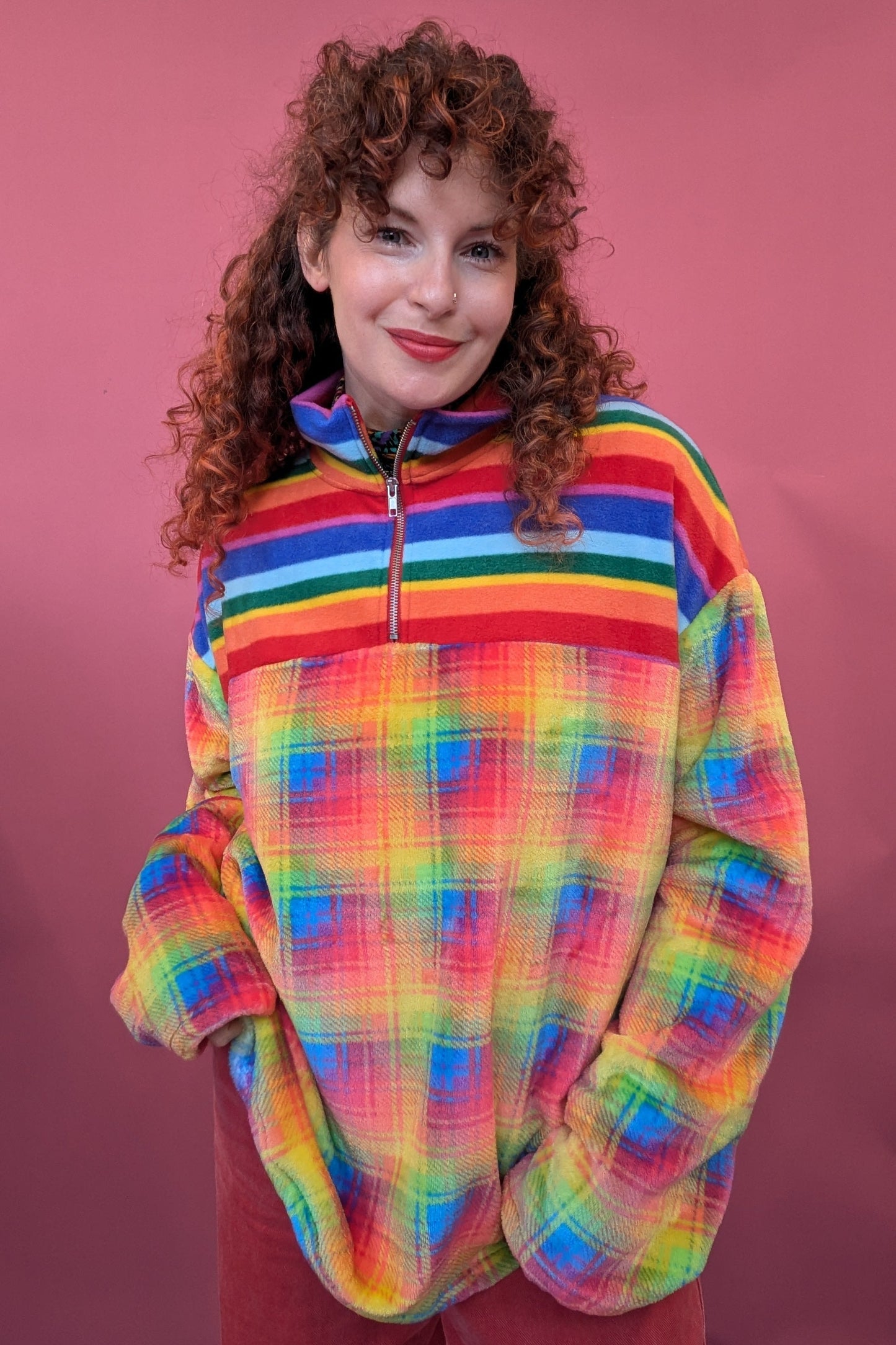 Half Zip Lite in Rainbow Plaid and Rainbow Stripe Fleece