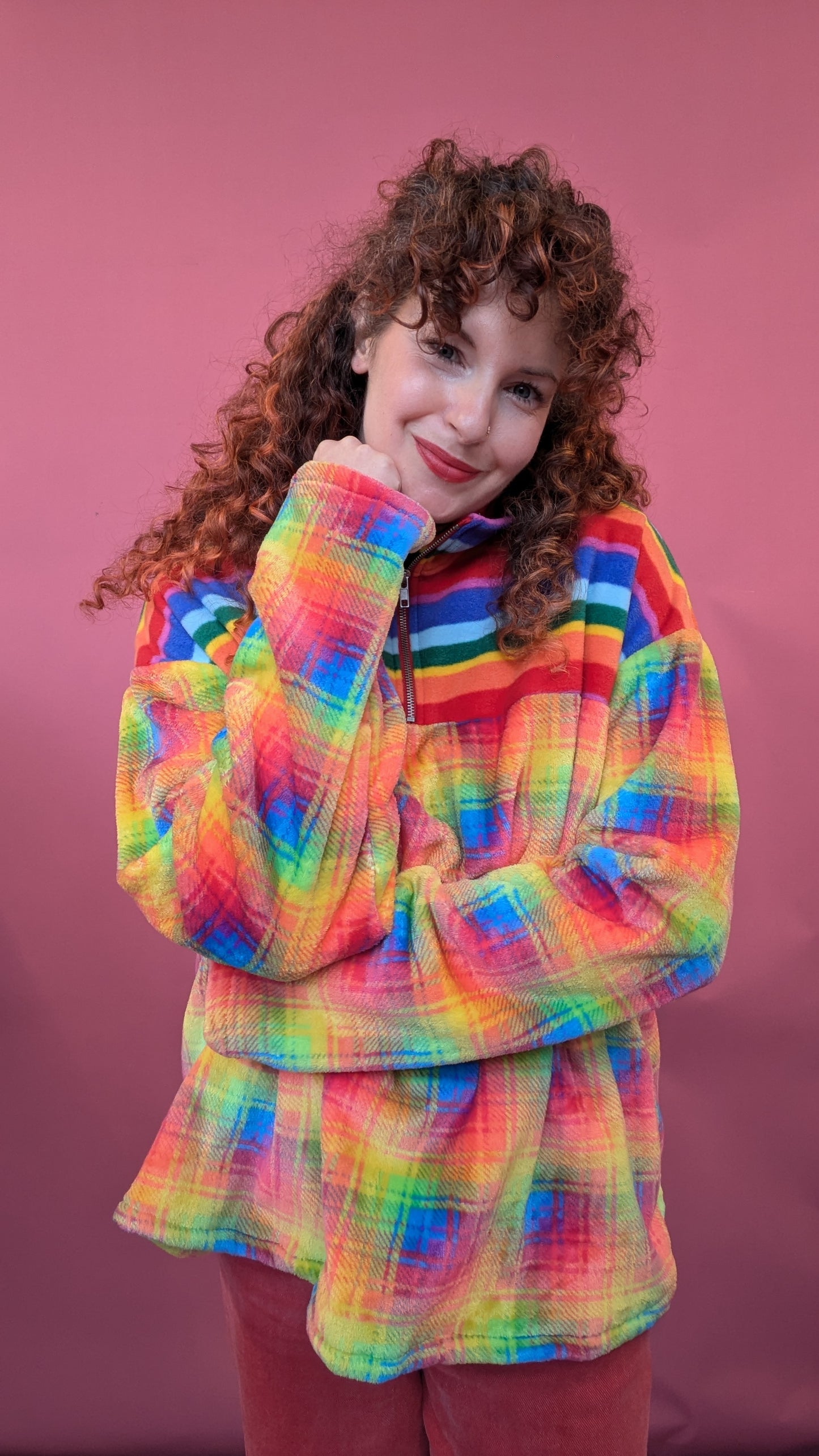 Half Zip Lite in Rainbow Plaid and Rainbow Stripe Fleece