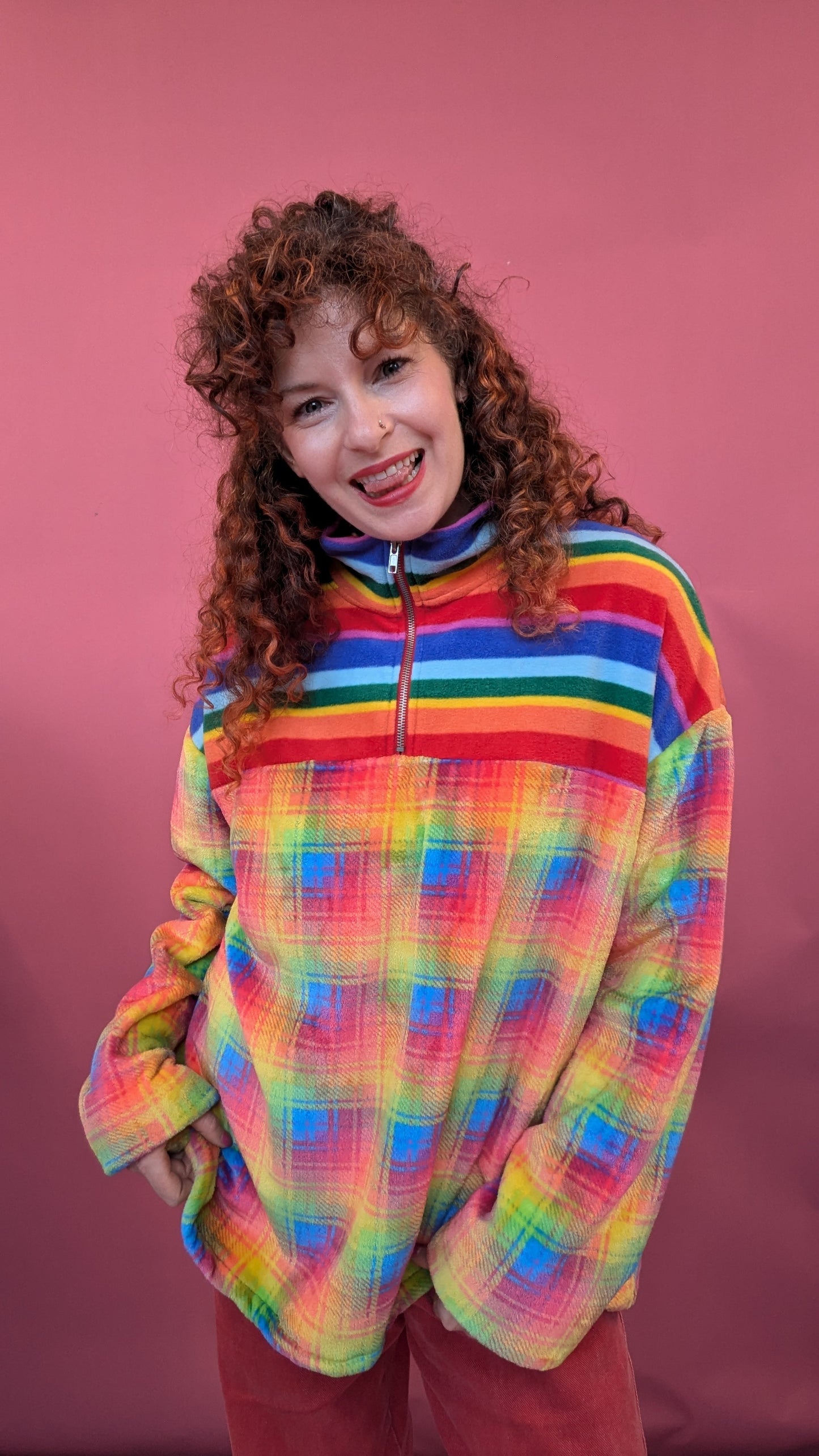Half Zip Lite in Rainbow Plaid and Rainbow Stripe Fleece