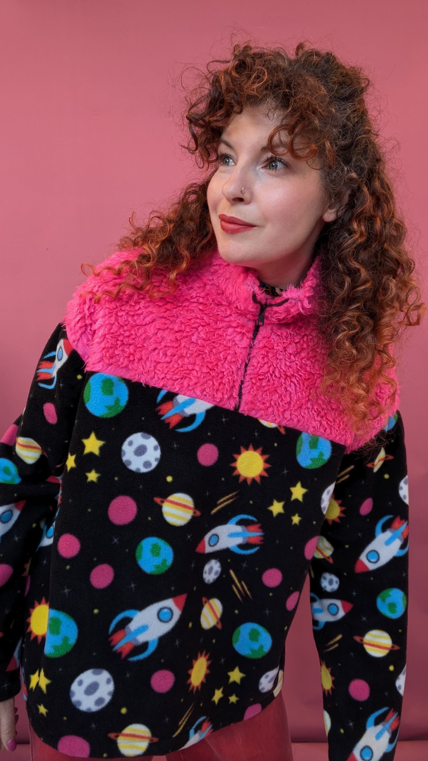 Half Zip Lite in Space Fleece and Pink Teddy