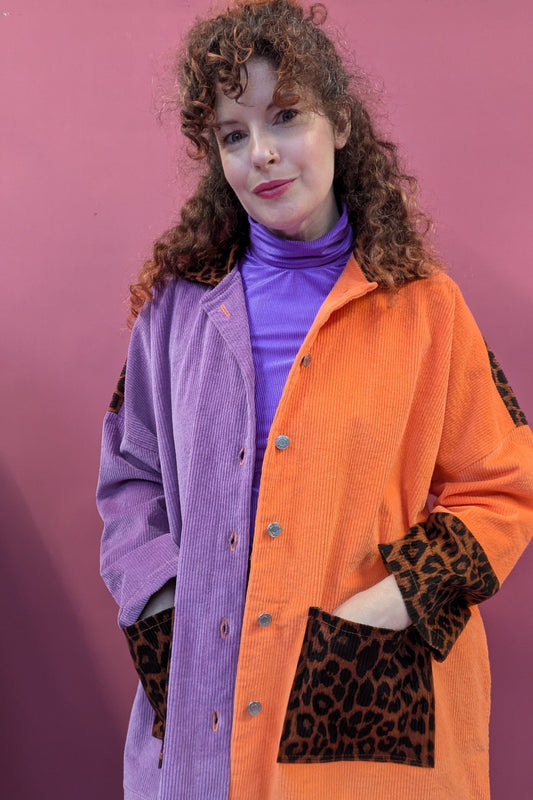 Colour Block Cord Long Chore Jacket in Purple and Leopard