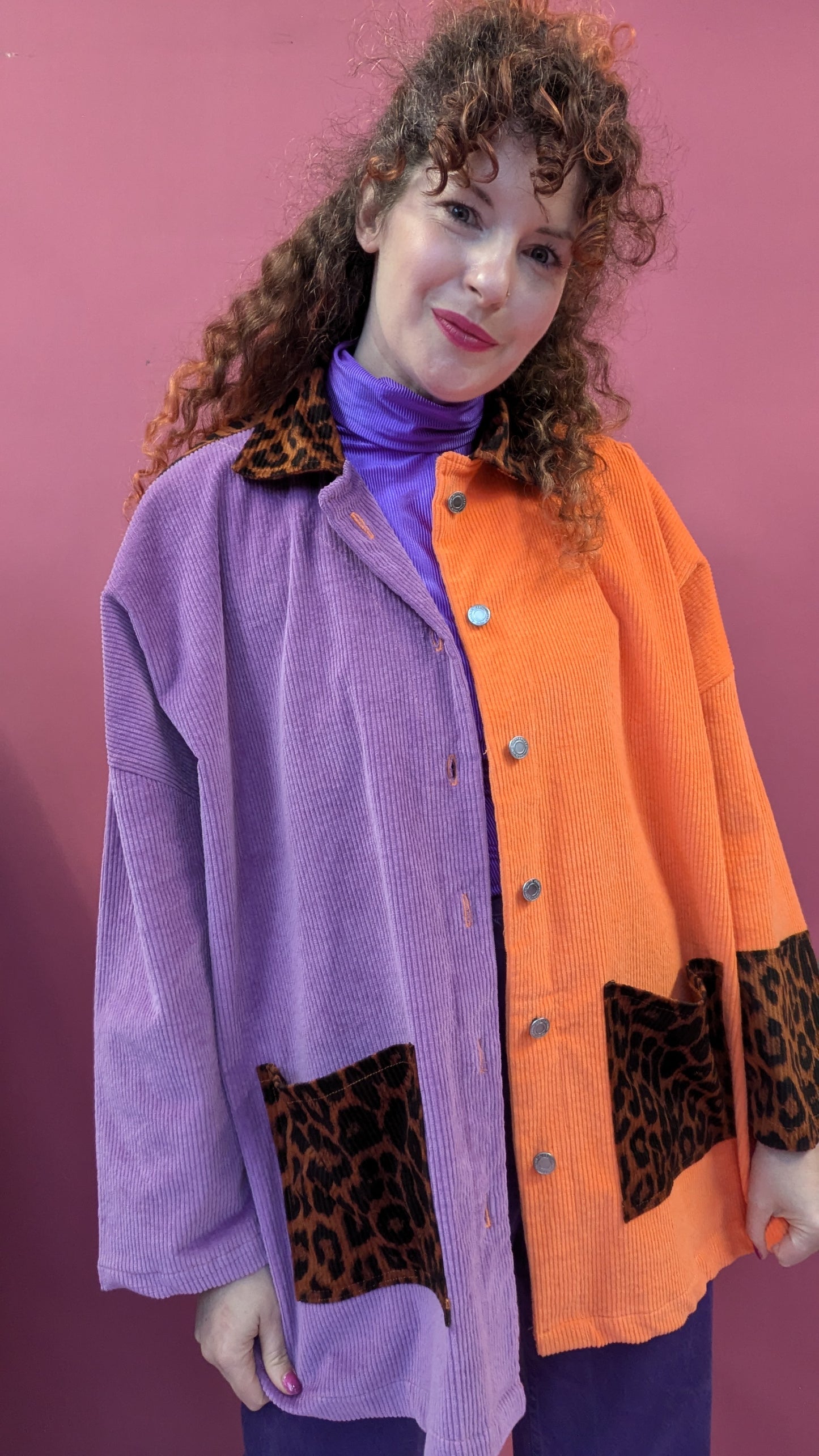 Colour Block Cord Long Chore Jacket in Purple and Leopard