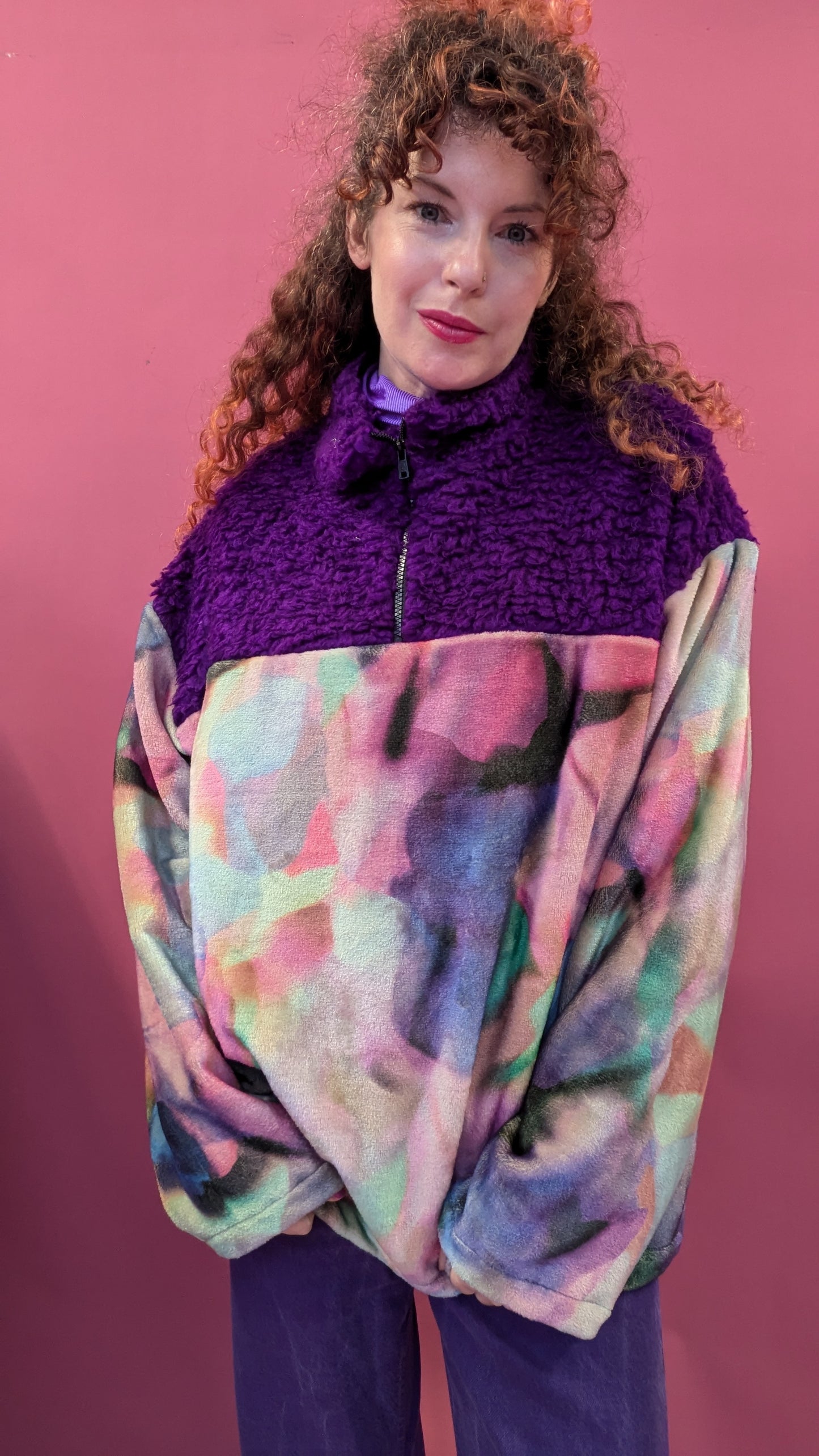 Half Zip Lite in Ink Clouds and Purple Teddy