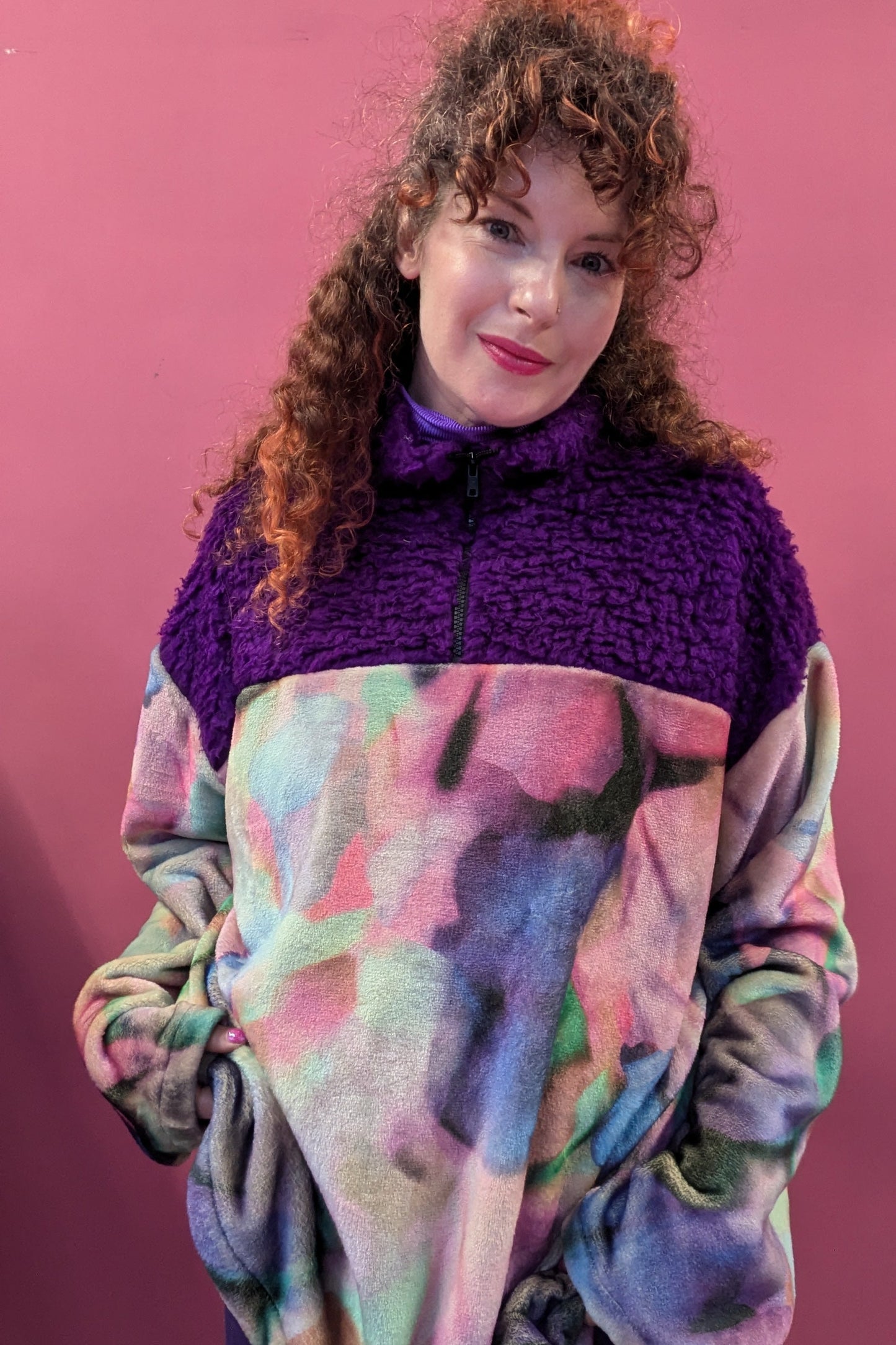 Half Zip Lite in Ink Clouds and Purple Teddy