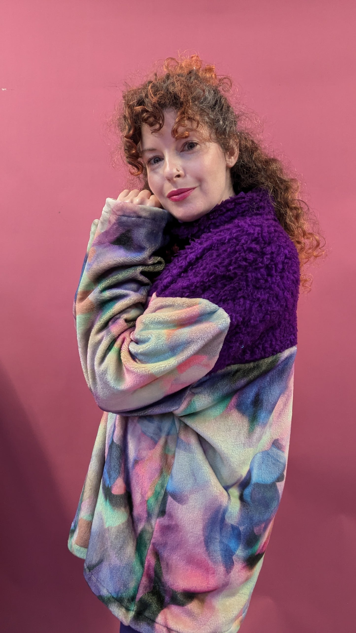 Half Zip Lite in Ink Clouds and Purple Teddy