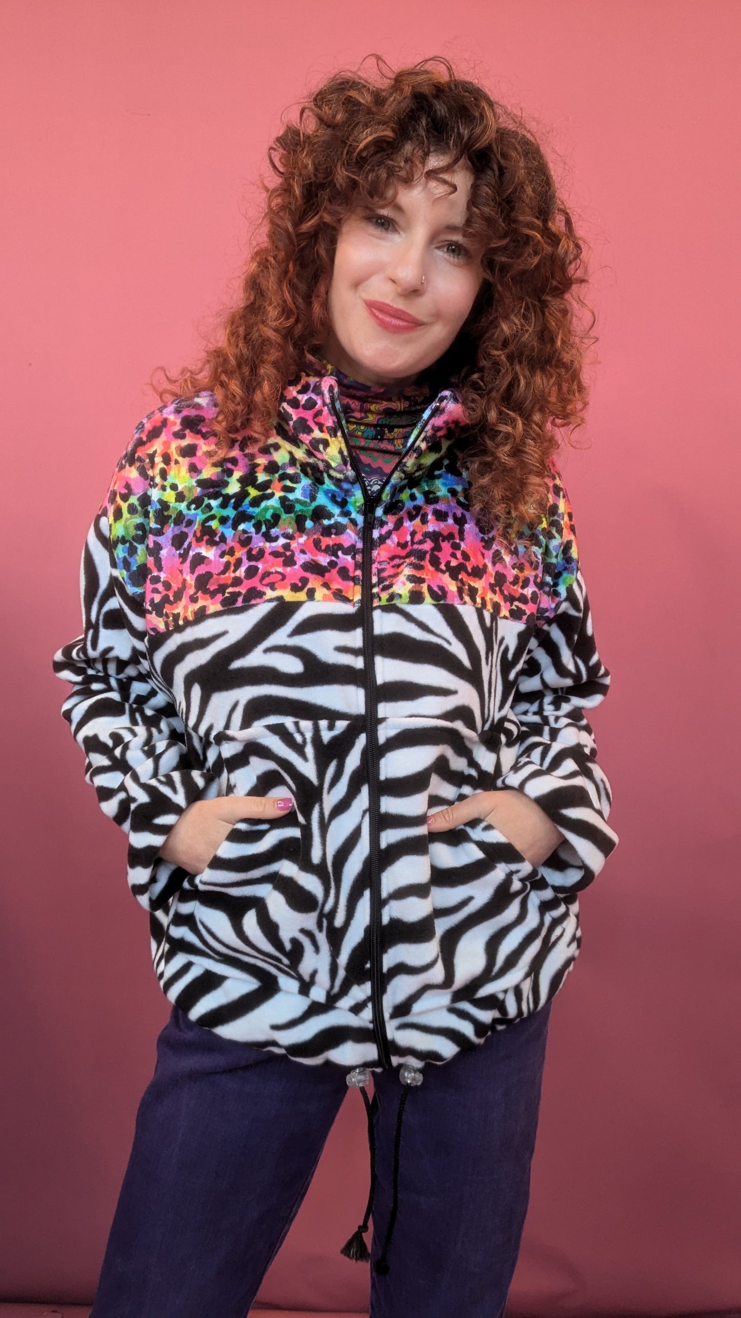 Full Zip Jumper in Zebra Fleece and Rainbow Leopard