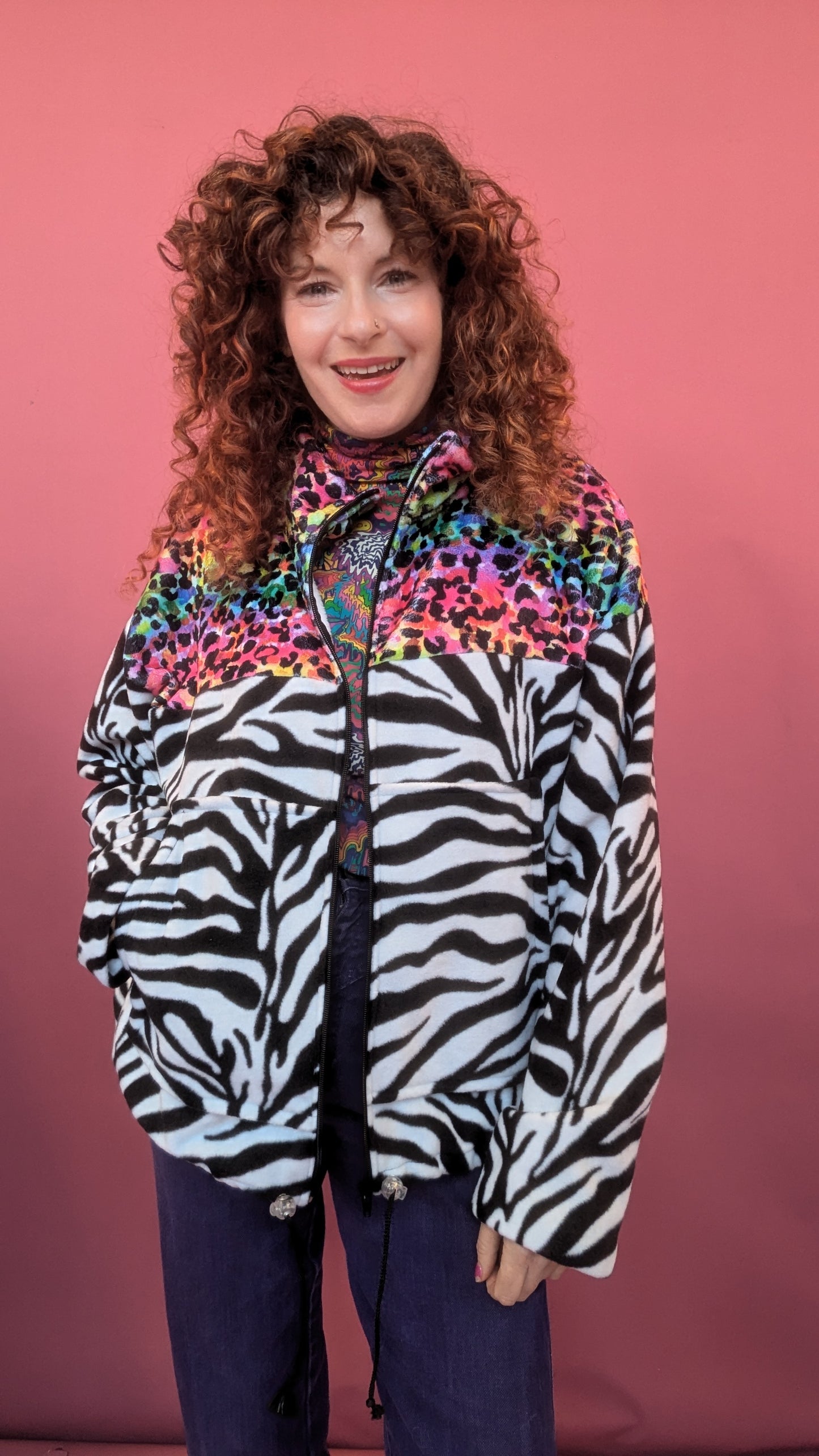 Full Zip Jumper in Zebra Fleece and Rainbow Leopard