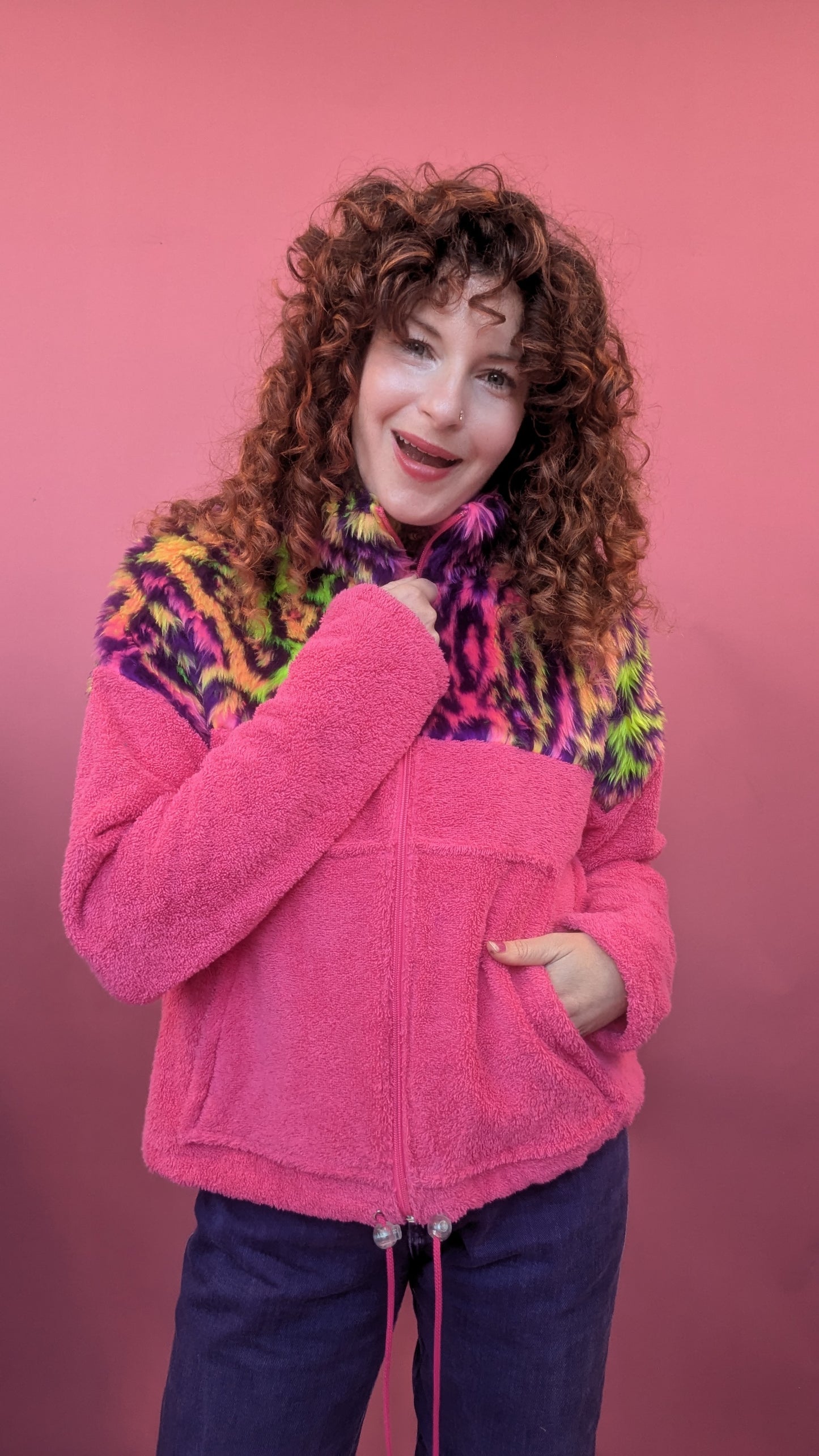 Full Zip Jumper in Pink Towelling with Carnival Leopard