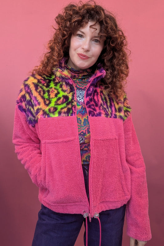 Full Zip Jumper in Pink Towelling with Carnival Leopard