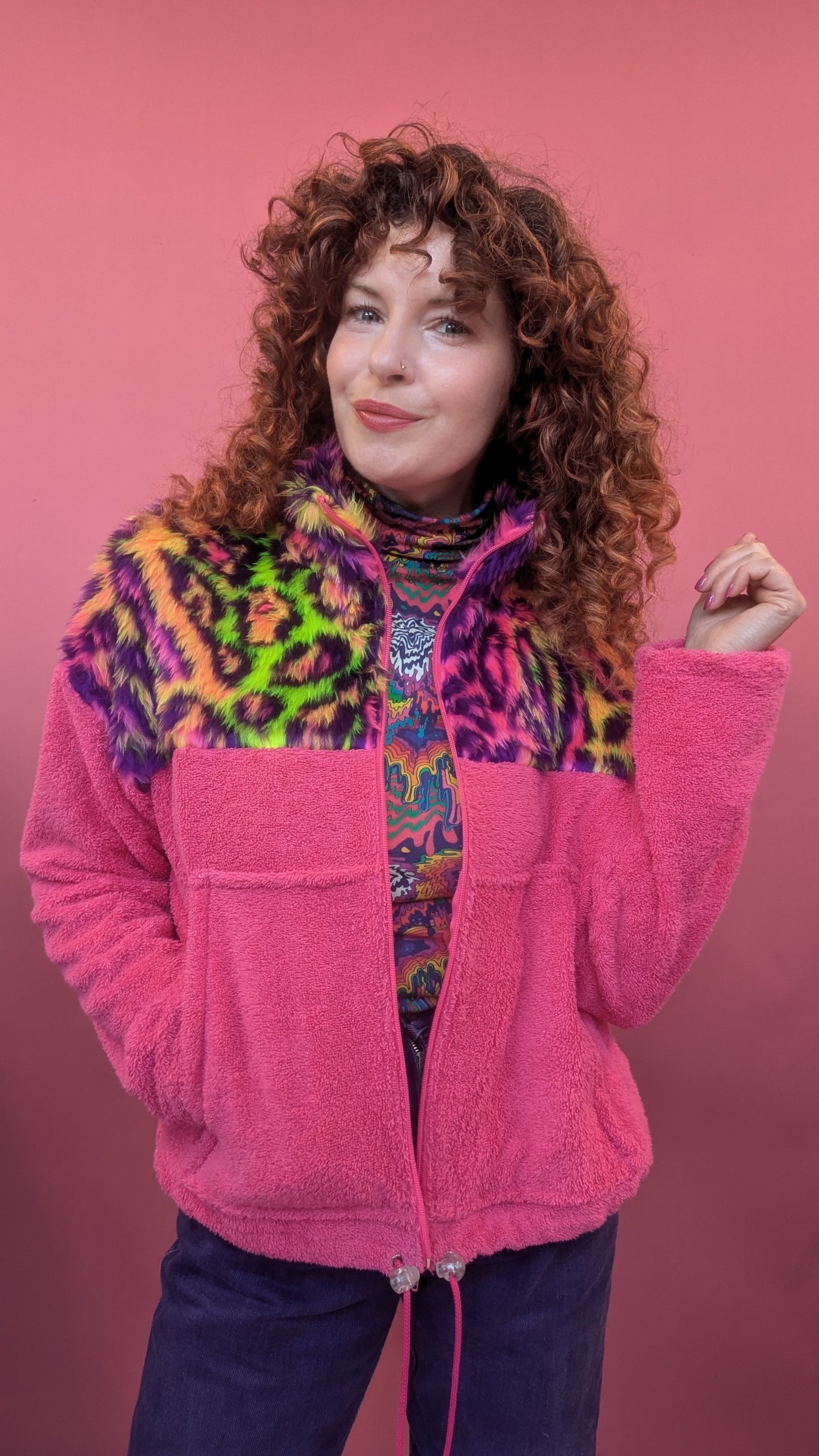 Full Zip Jumper in Pink Towelling with Carnival Leopard