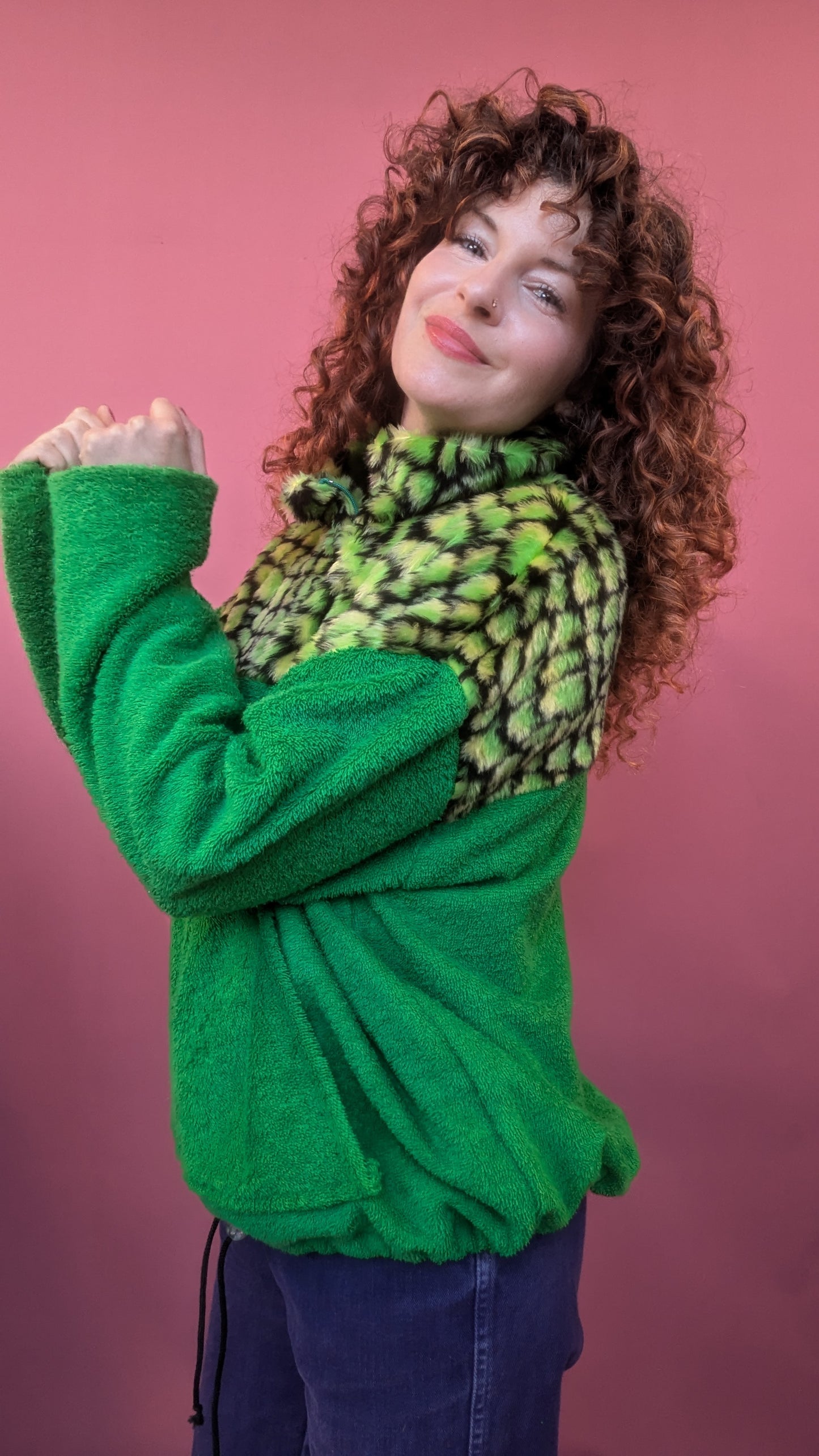 Full Zip Jumper in Green Towelling and Croc