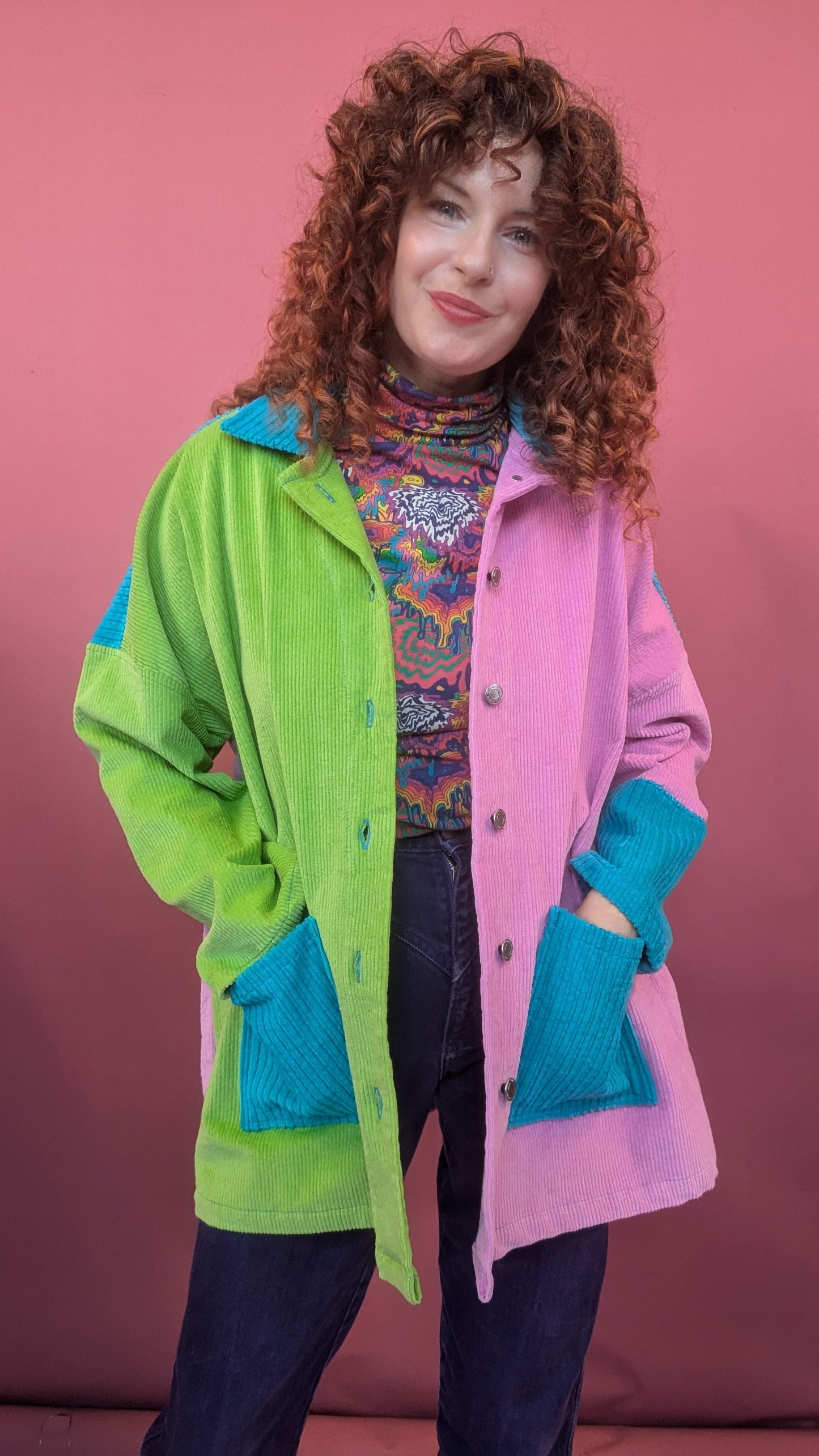 Colour Block Cord Long Chore Jacket