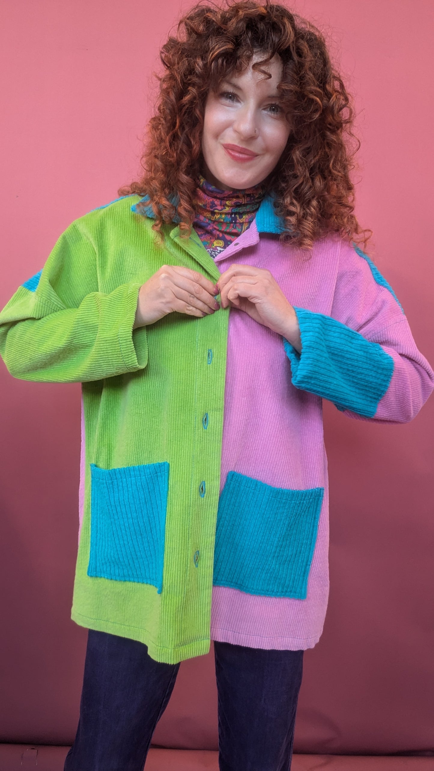 Colour Block Cord Long Chore Jacket