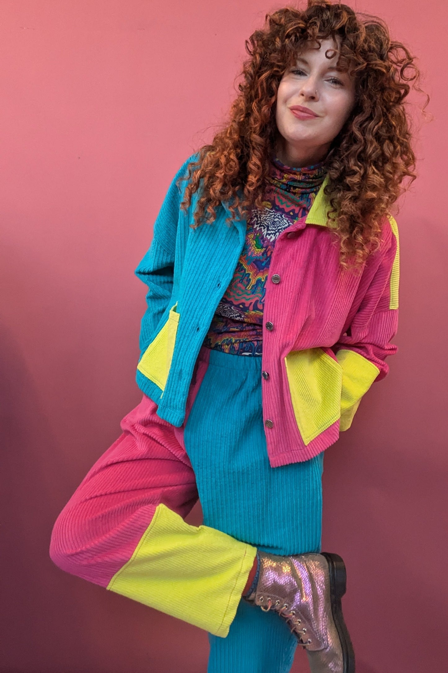 Ankle Grazer Trousers in Hot Pink and Turqouise Colour Block Cord