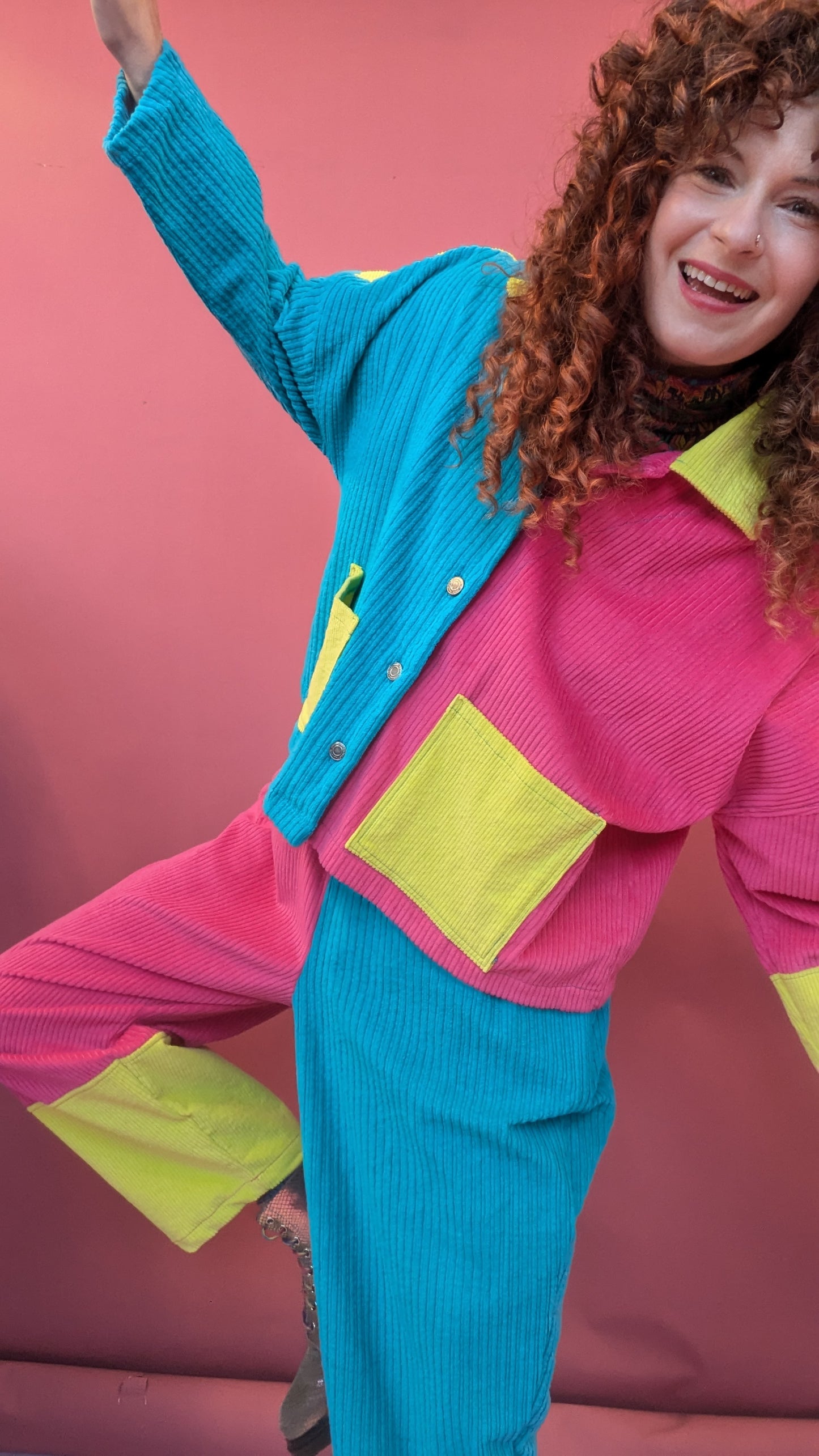 Colour Block Cord Chore Jacket in Hot Pink & Turquoise