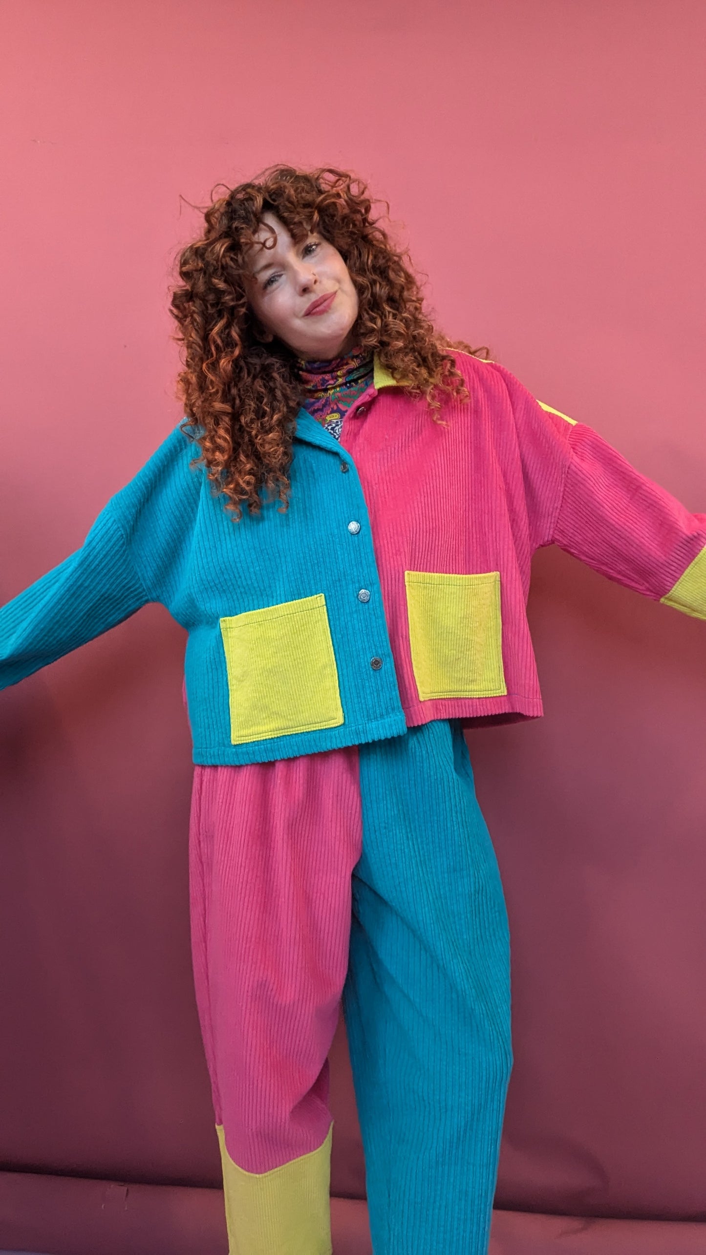 Colour Block Cord Chore Jacket in Hot Pink & Turquoise