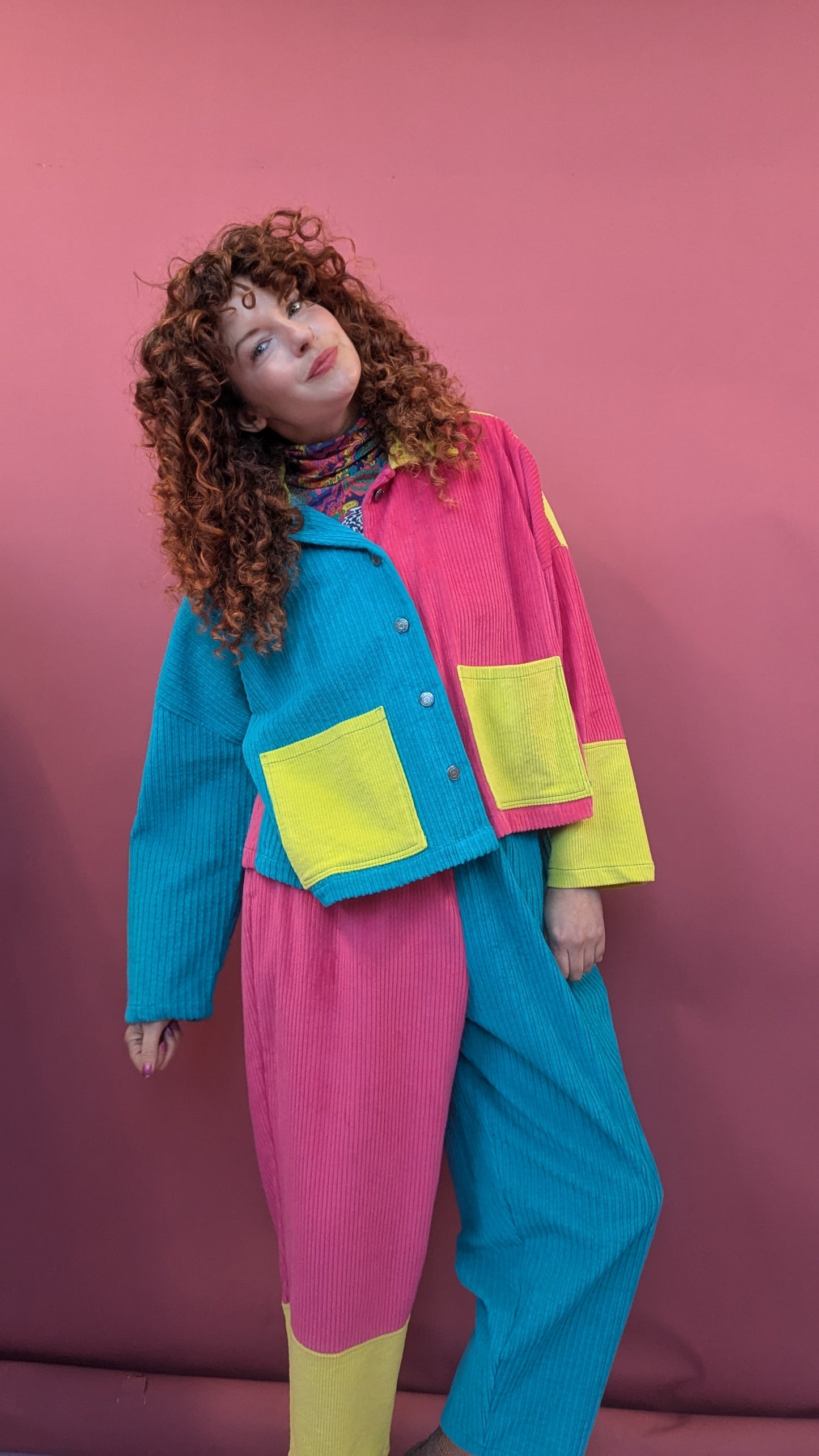 Ankle Grazer Trousers in Hot Pink and Turqouise Colour Block Cord