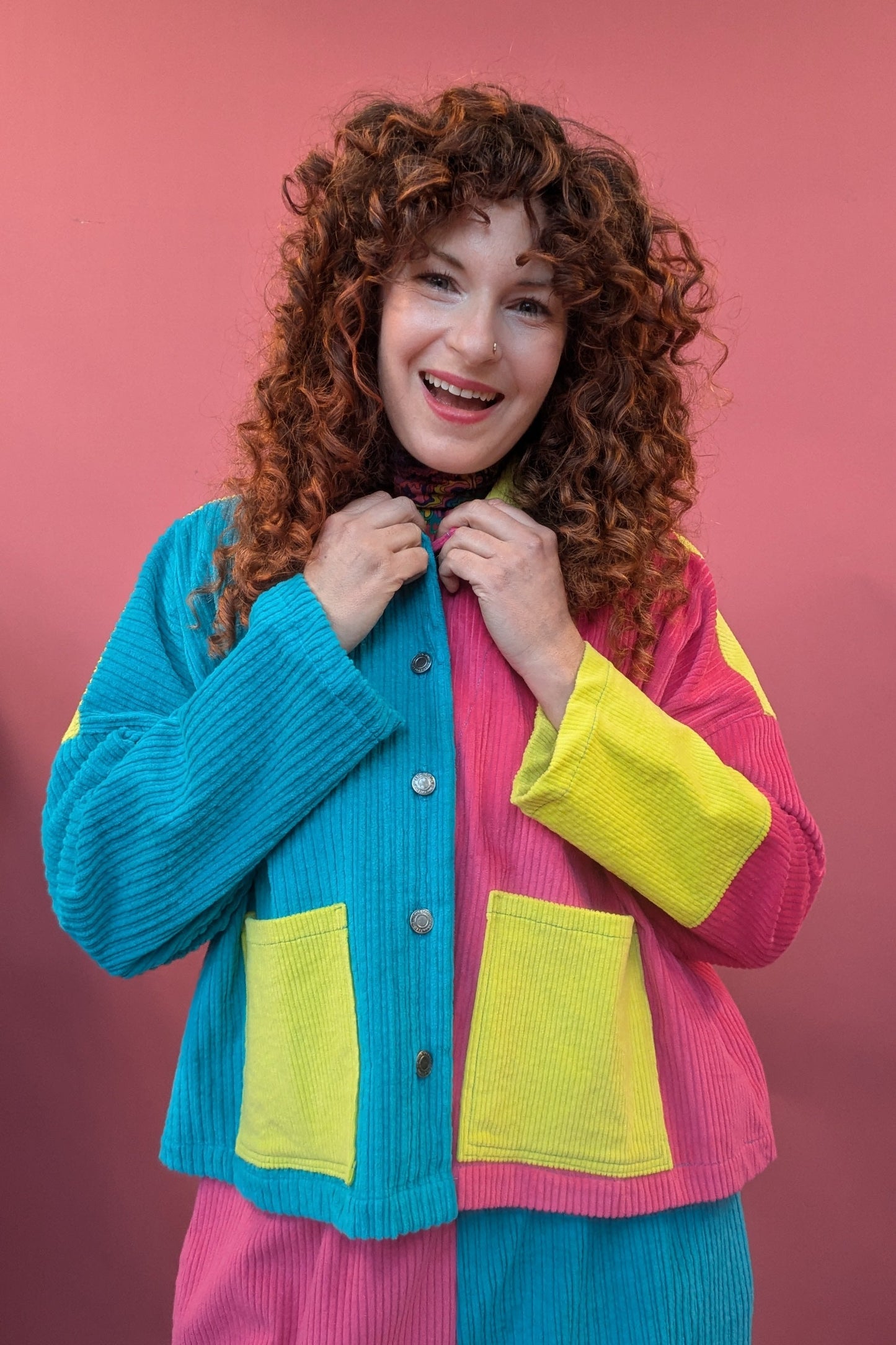 Colour Block Cord Chore Jacket in Hot Pink & Turquoise