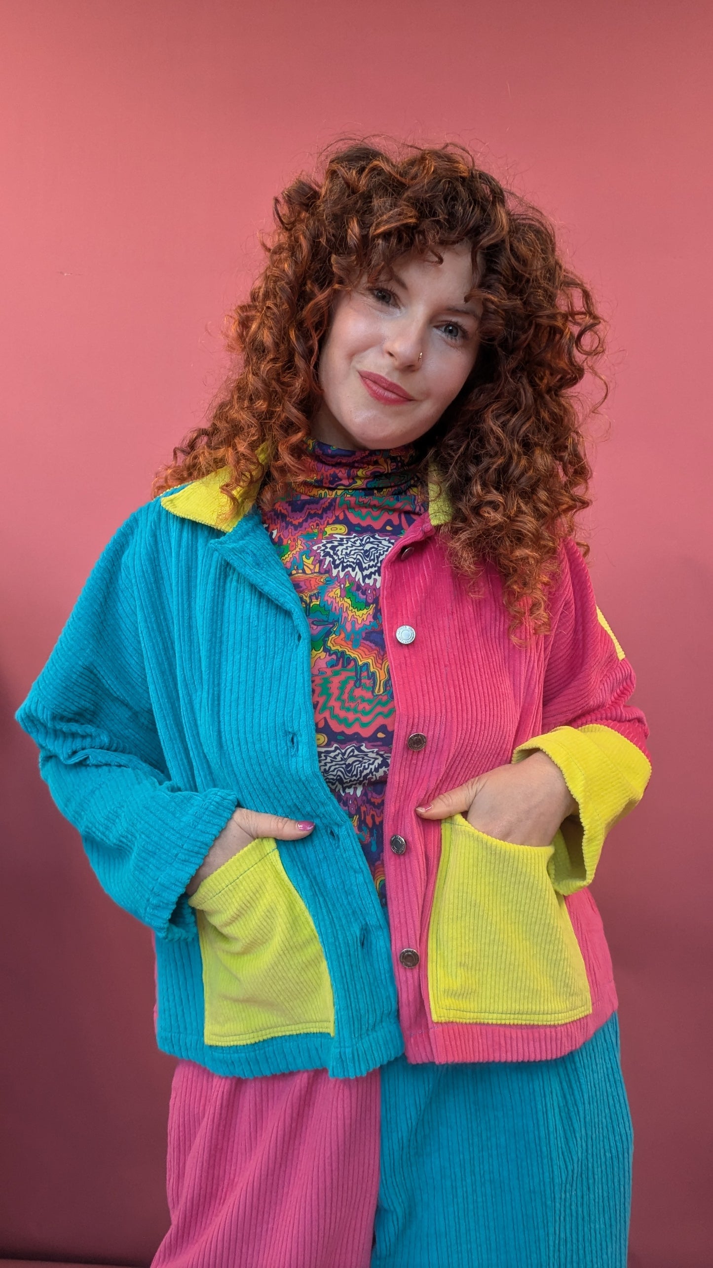 Colour Block Cord Chore Jacket in Hot Pink & Turquoise