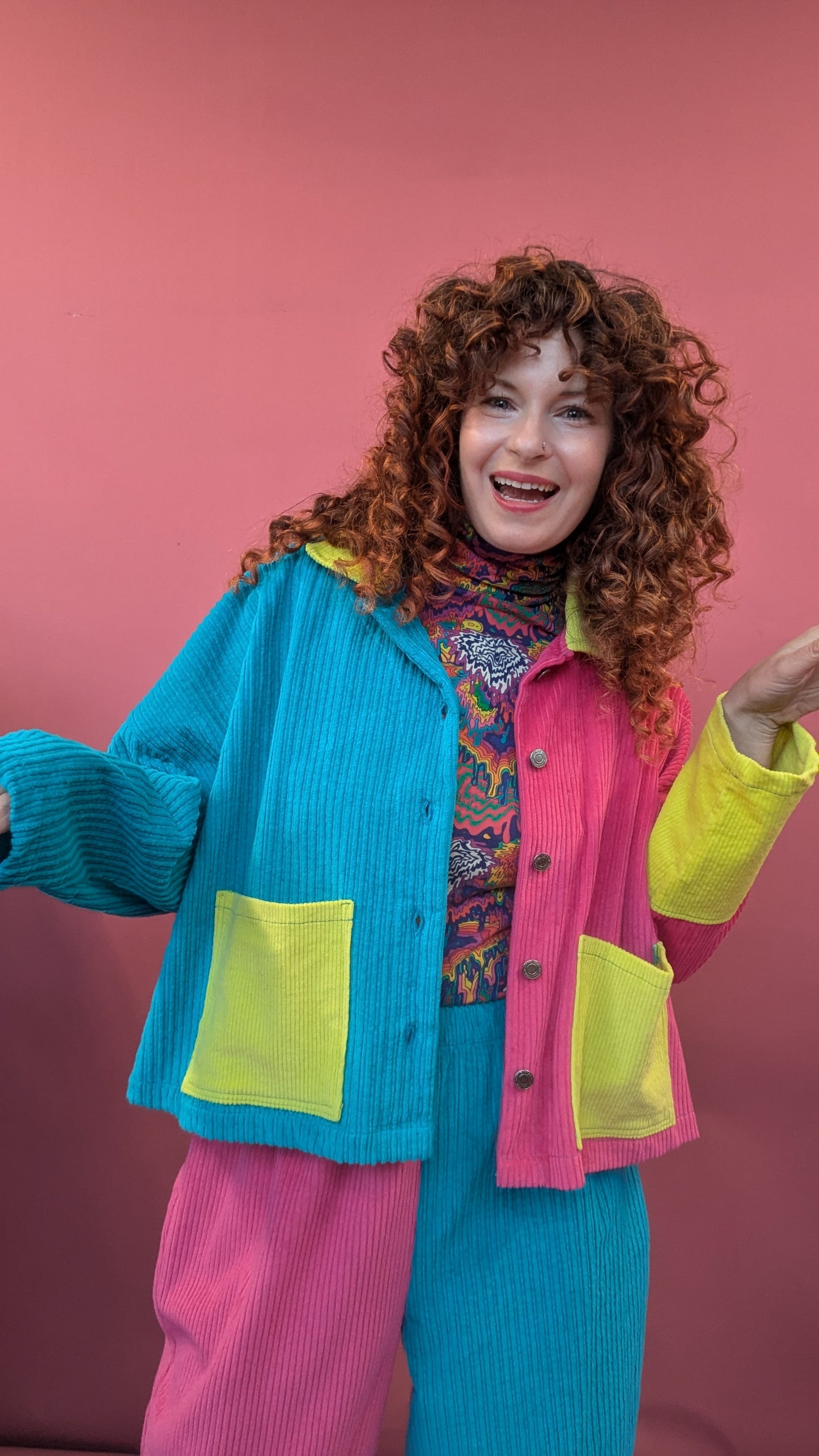 Colour Block Cord Chore Jacket in Hot Pink & Turquoise
