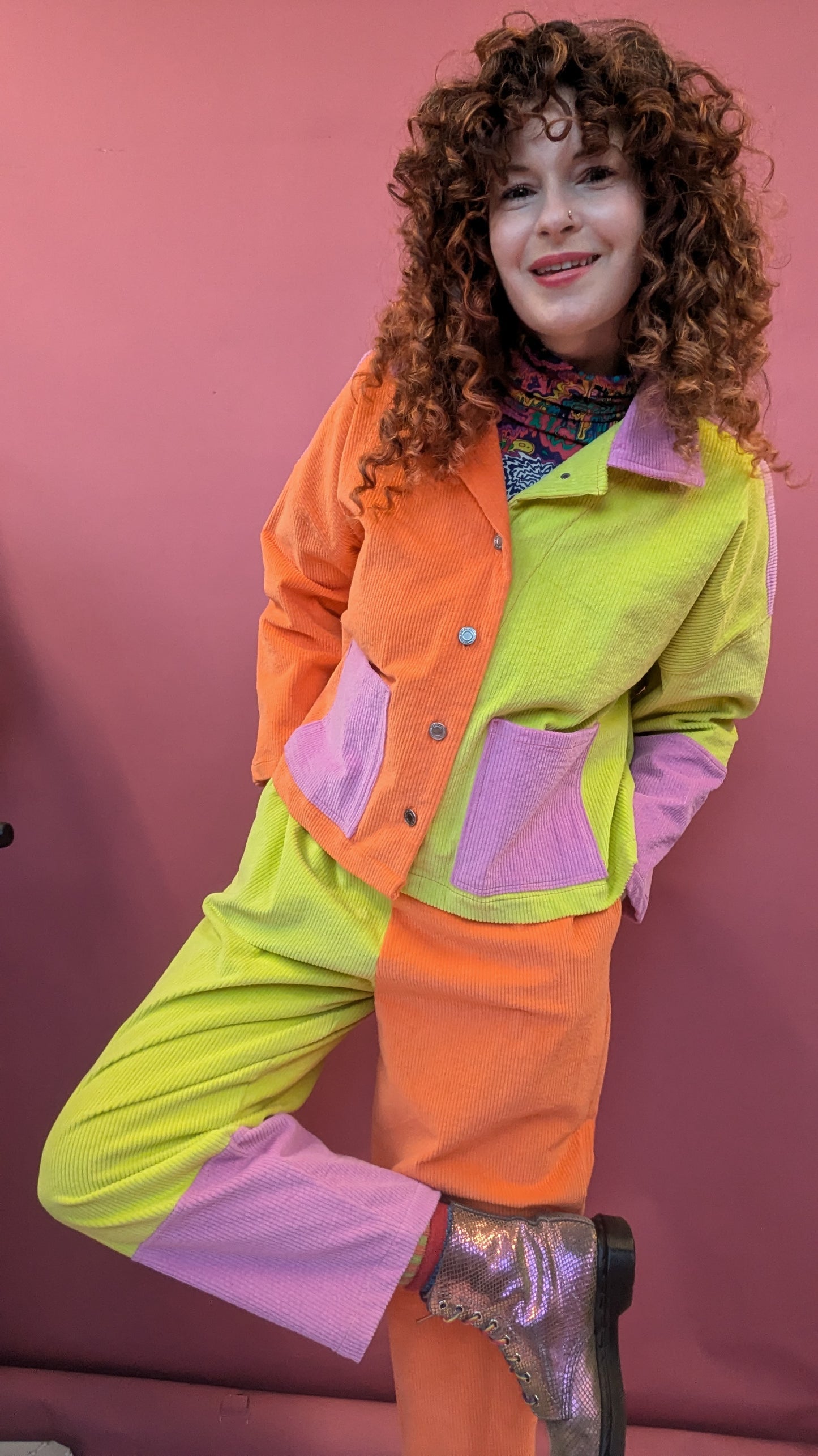 Ankle Grazer Trousers in Colour Block Cord in Fruit Salad