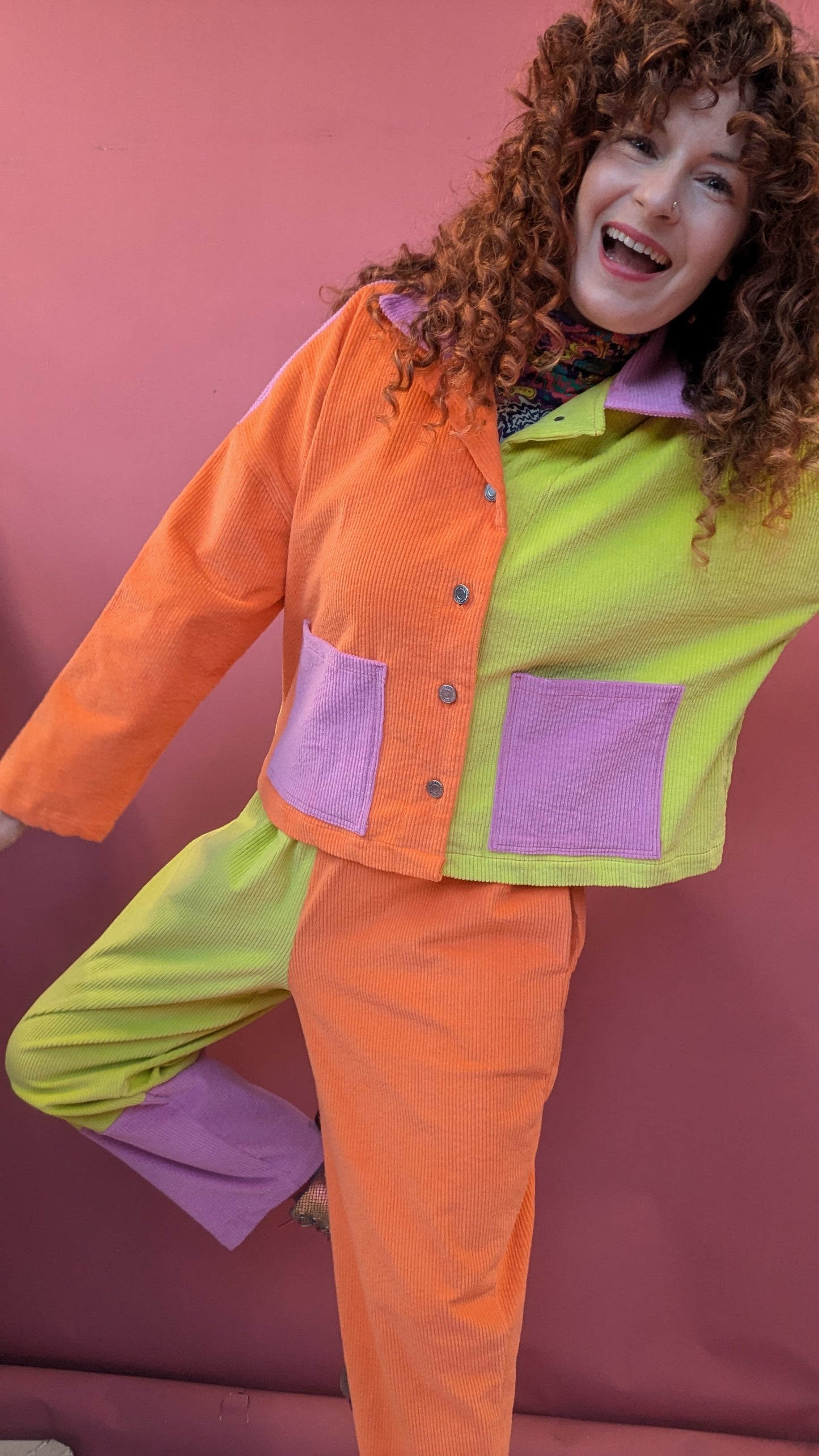 Ankle Grazer Trousers in Colour Block Cord in Fruit Salad