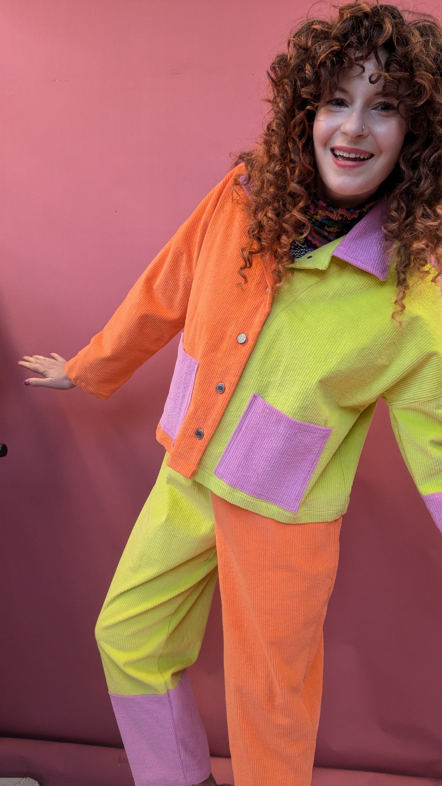 Ankle Grazer Trousers in Colour Block Cord in Fruit Salad