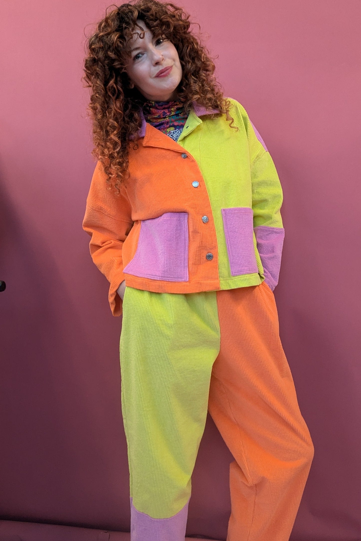 Ankle Grazer Trousers in Colour Block Cord in Fruit Salad