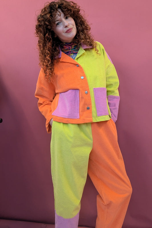 Ankle Grazer Trousers in Colour Block Cord in Fruit Salad