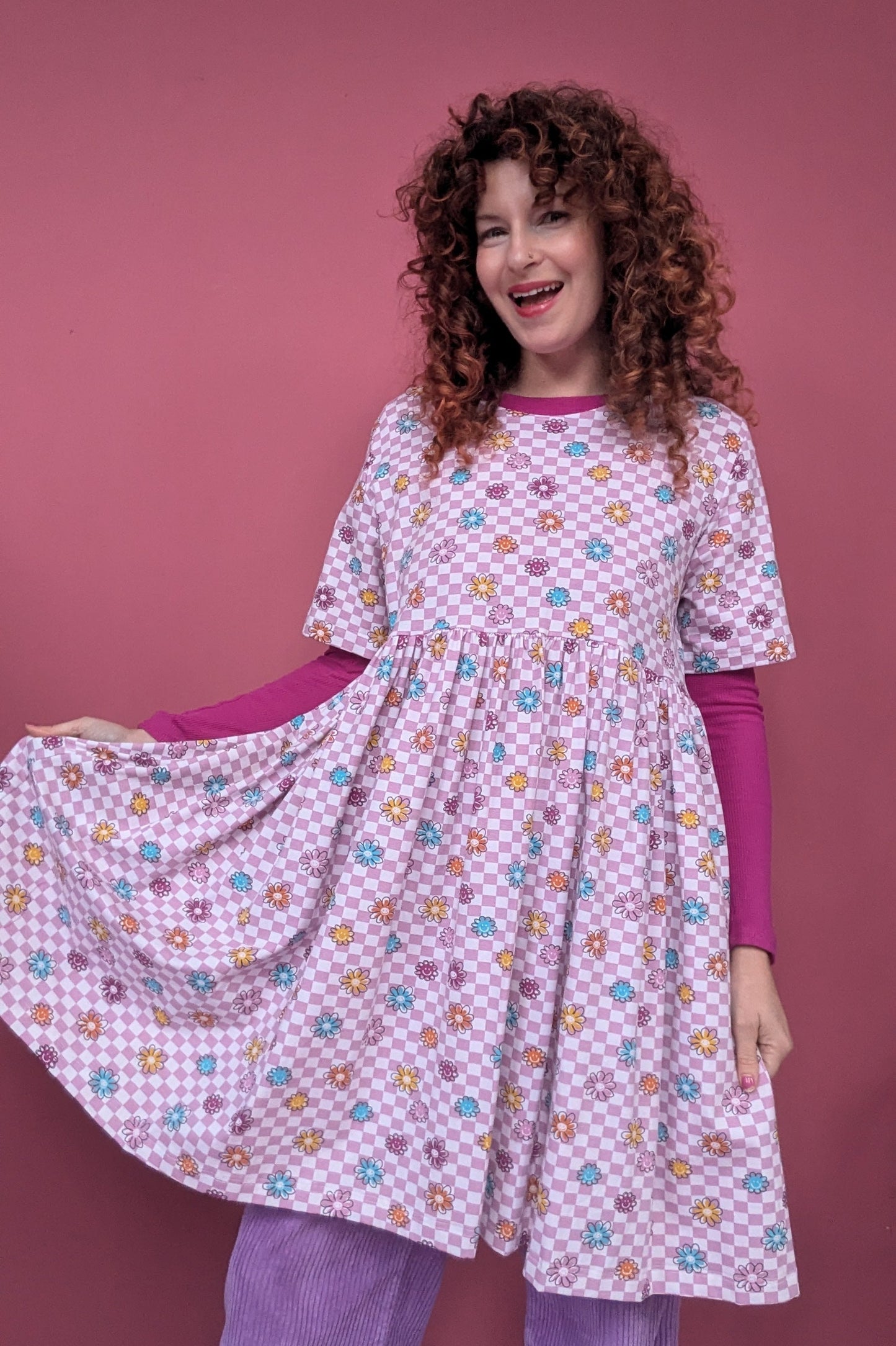 Jersey Smock Dress in Daisy Check
