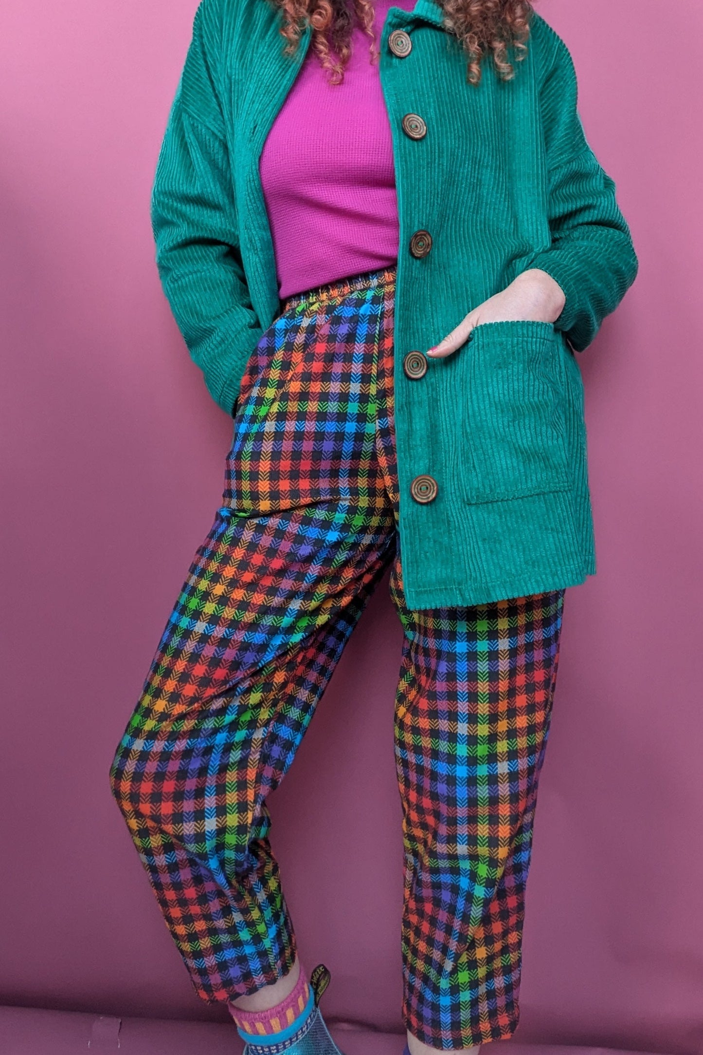 Needlecord Ankle Grazer Trousers in Rainbow Gingham