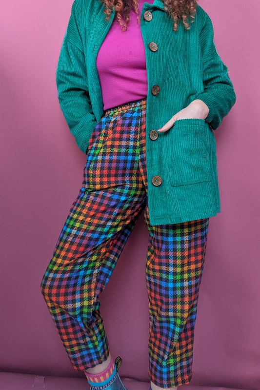 Needlecord Ankle Grazer Trousers in Rainbow Gingham
