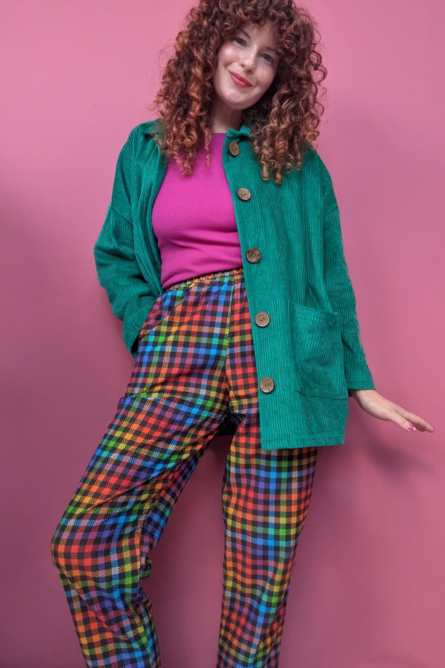 Needlecord Ankle Grazer Trousers in Rainbow Gingham