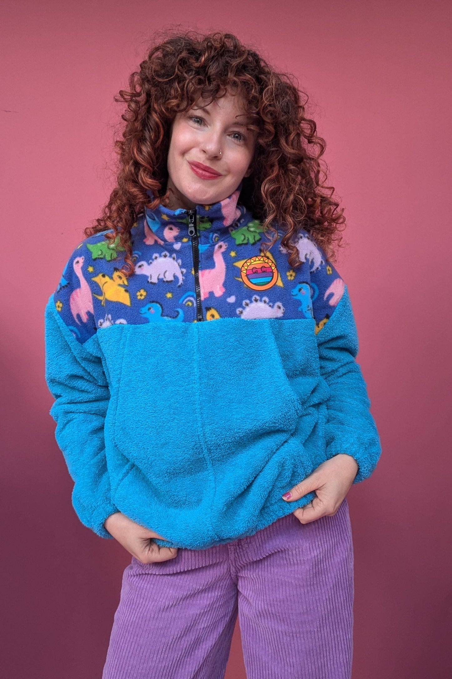 Half-Zip Pullover in Blue Towelling and Dino