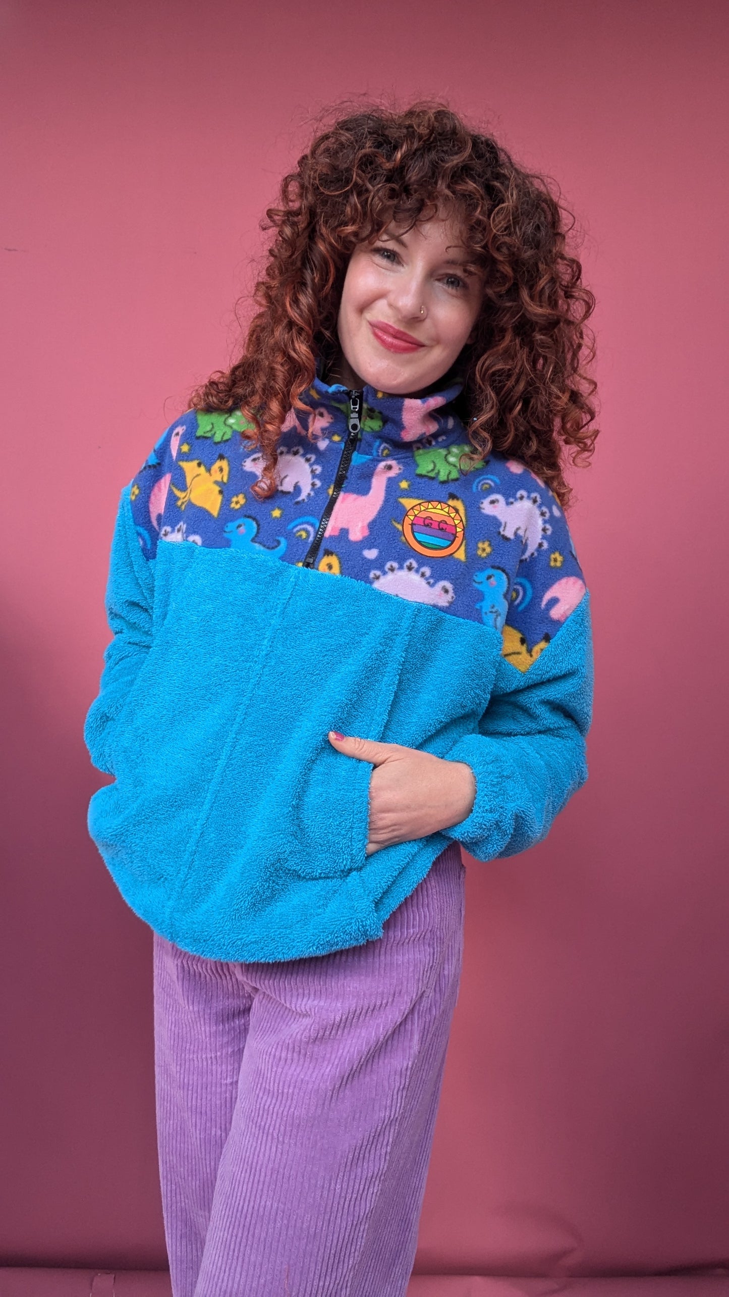 Half-Zip Pullover in Blue Towelling and Dino