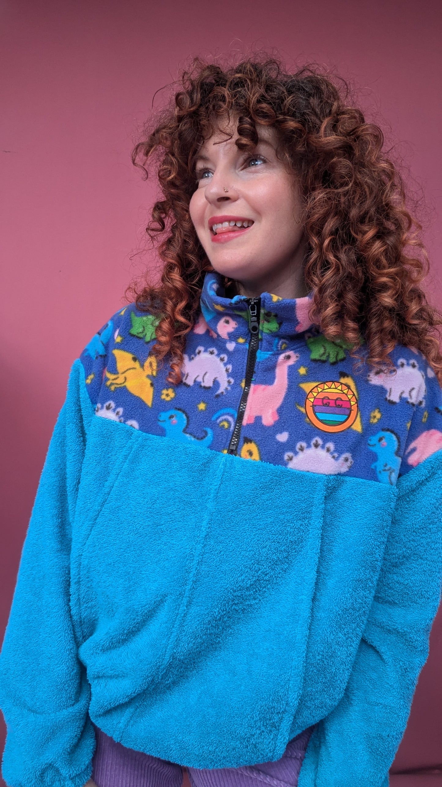 Half-Zip Pullover in Blue Towelling and Dino