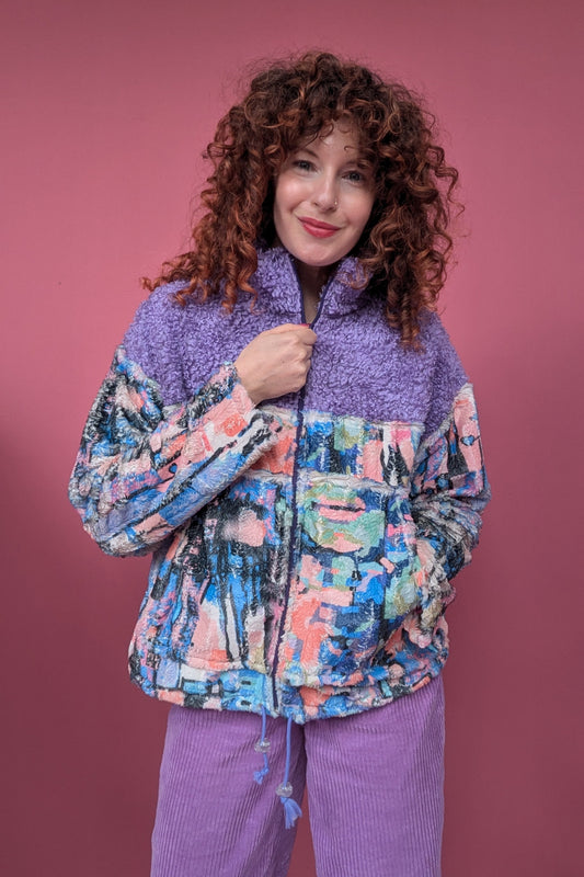 Full Zip Jumper in Pastel Paintstrokes with Lilac Teddy