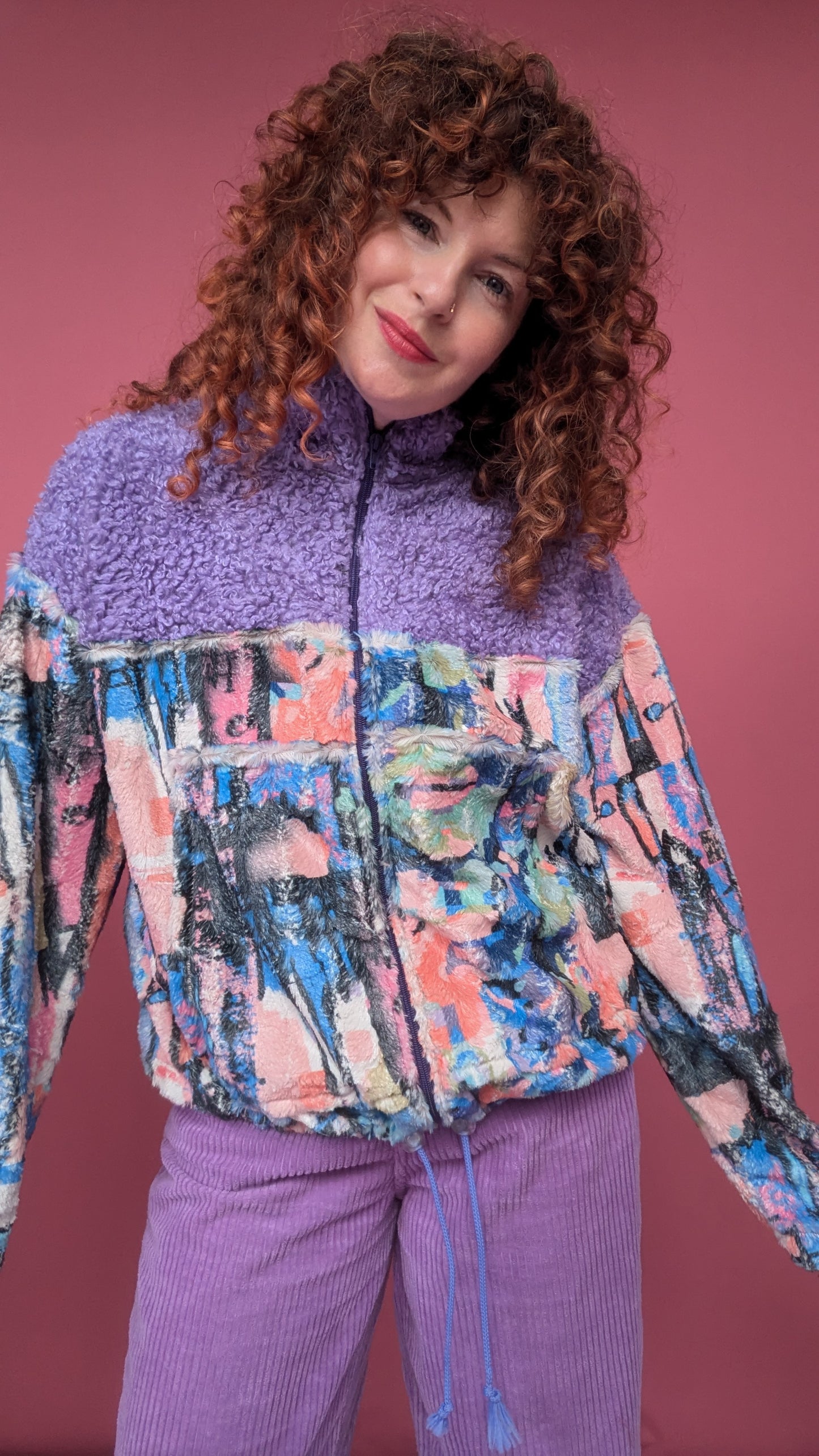 Full Zip Jumper in Pastel Paintstrokes with Lilac Teddy