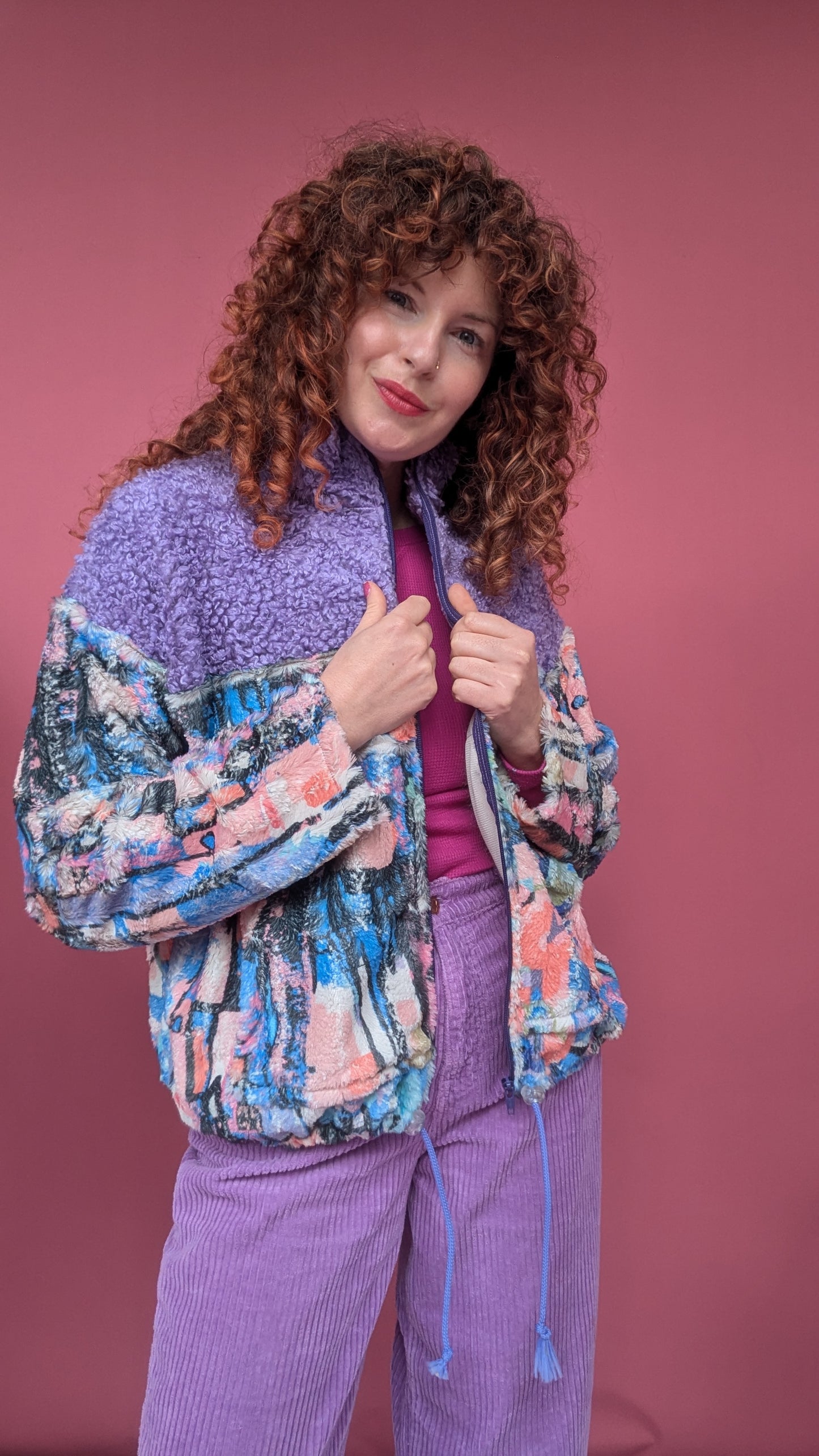 Full Zip Jumper in Pastel Paintstrokes with Lilac Teddy