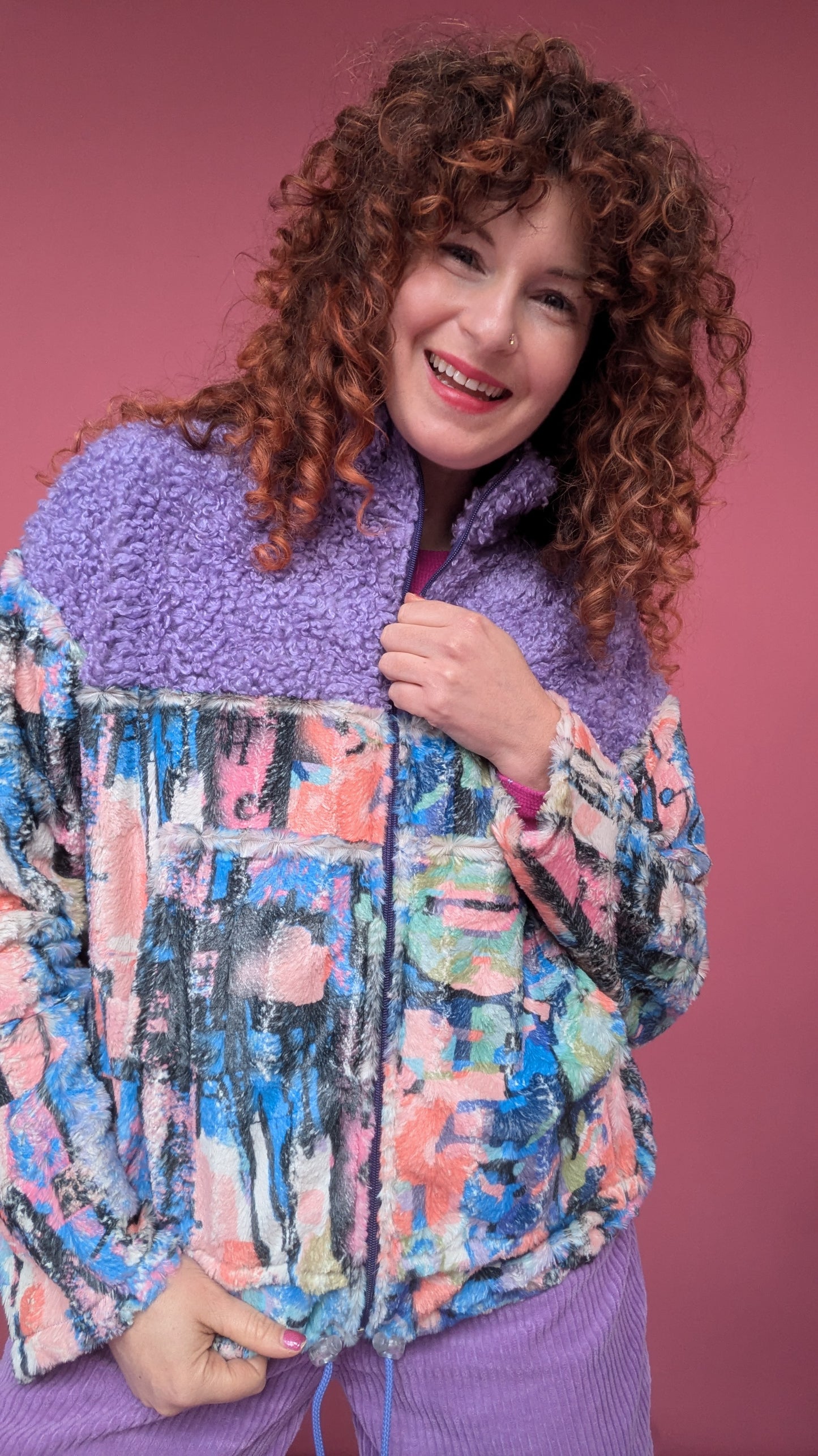 Full Zip Jumper in Pastel Paintstrokes with Lilac Teddy