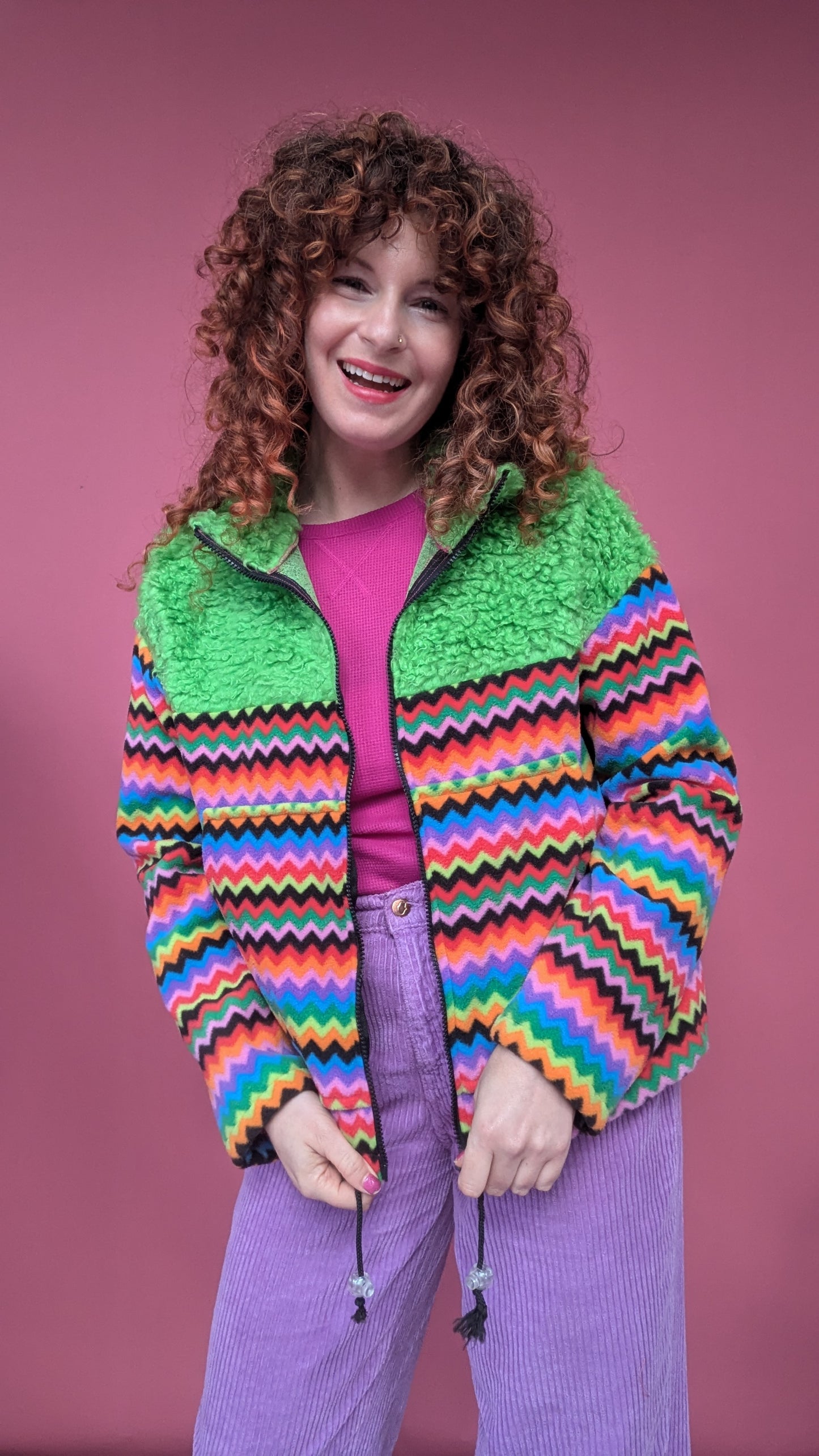 Full Zip Jumper in Rainbow Chevron and Green Teddy