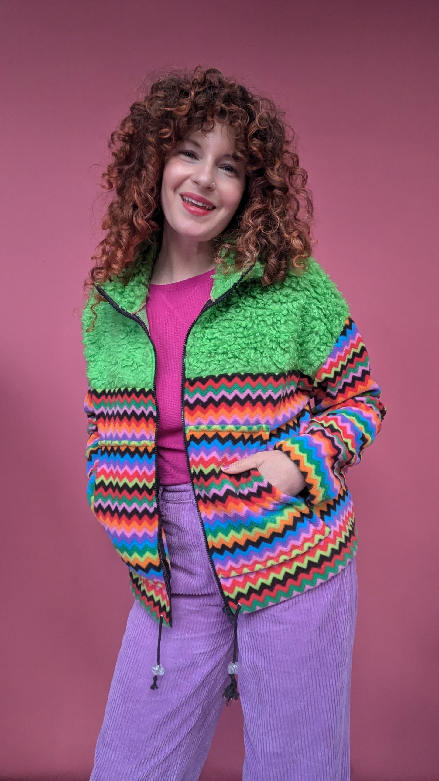 Full Zip Jumper in Rainbow Chevron and Green Teddy