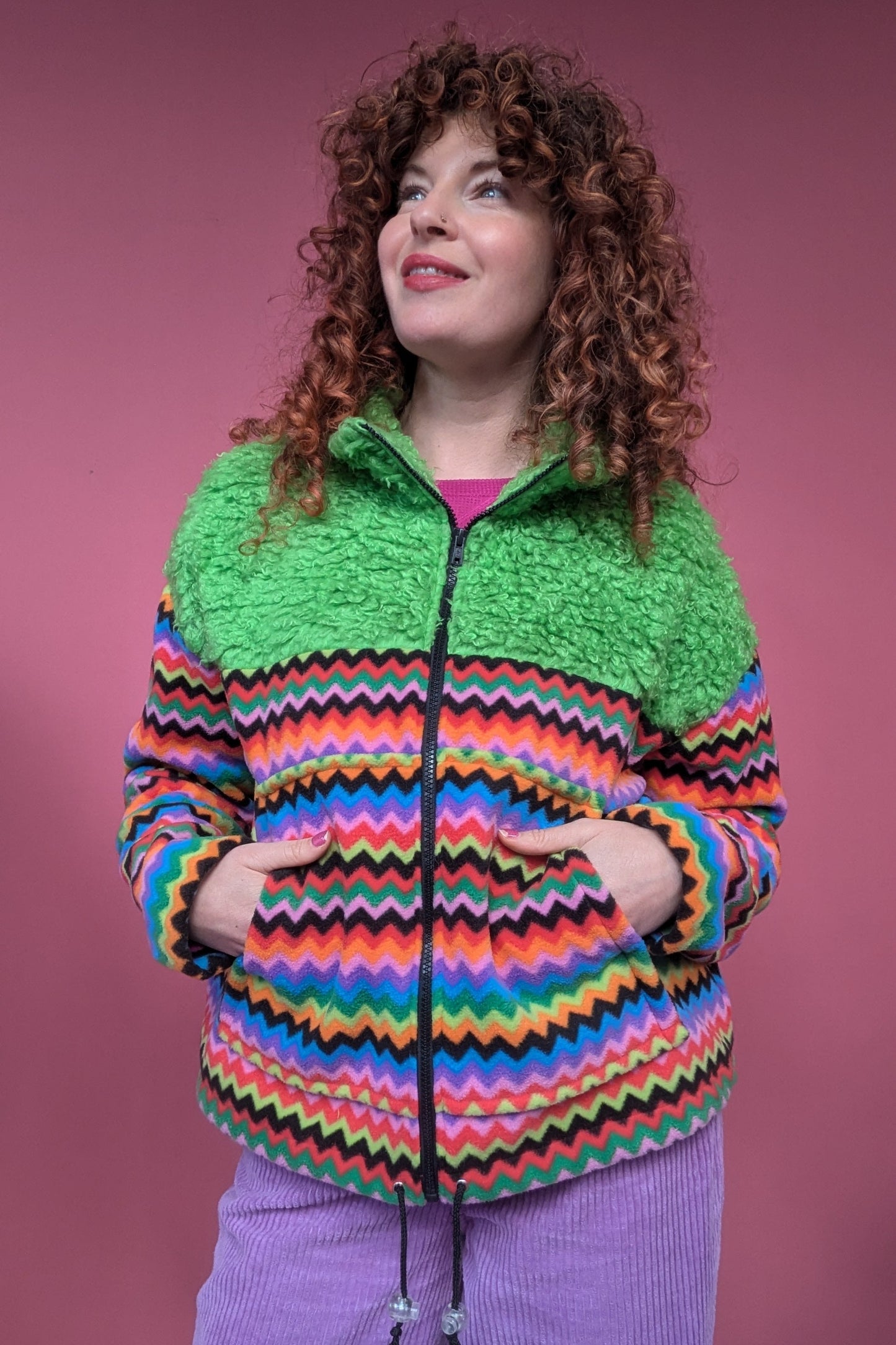Full Zip Jumper in Rainbow Chevron and Green Teddy