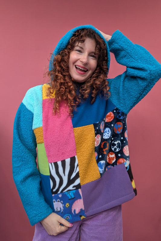 Patchwork and Boucle Hooded Pullover