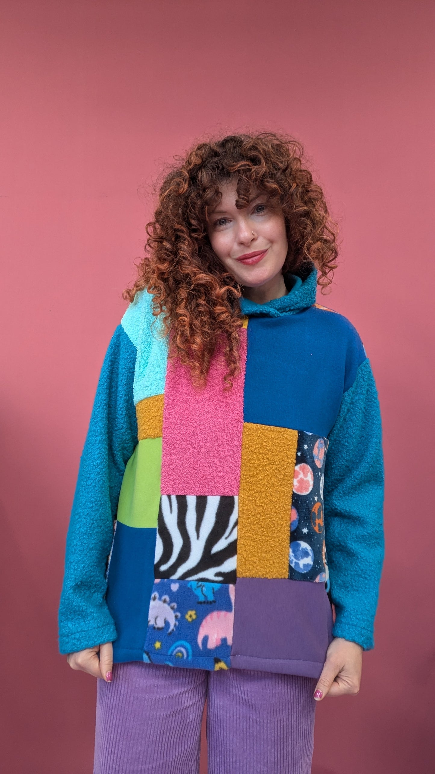 Patchwork and Boucle Hooded Pullover