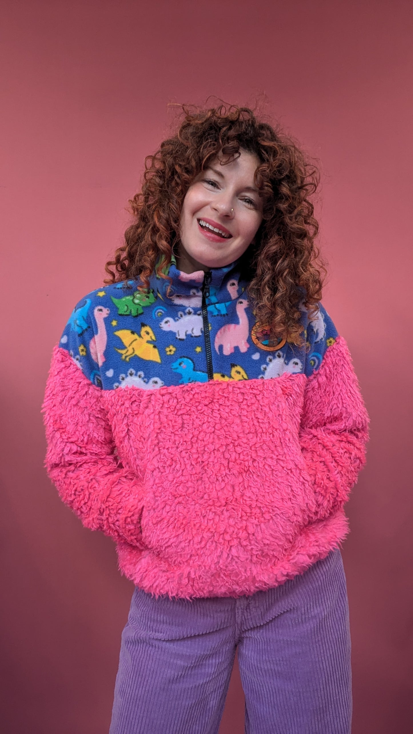 Half-Zip Pullover in Pink Teddy and Dino Fleece