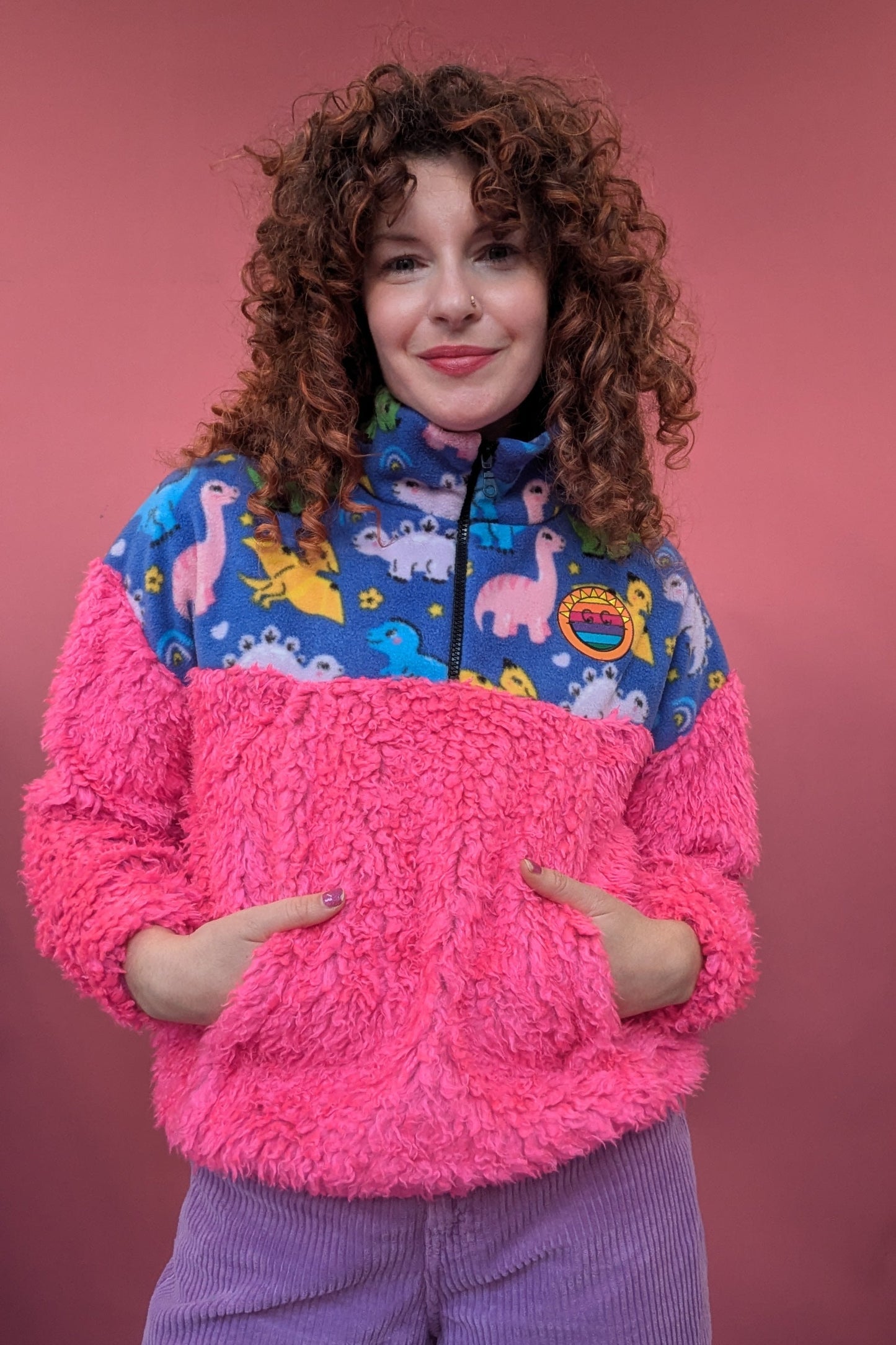 Half-Zip Pullover in Pink Teddy and Dino Fleece