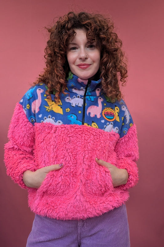 Half-Zip Pullover in Pink Teddy and Dino Fleece